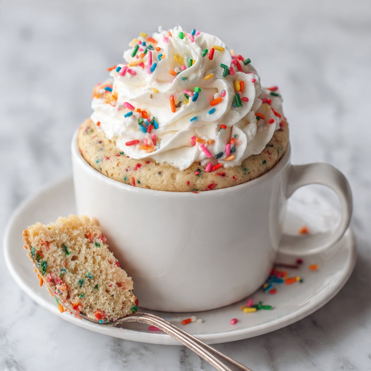 A white speckled mug filled with a light yellow soft cake-like dessert with colorful sprinkles mixed inside and some on top, sitting on a white speckled plate with a vintage silver spoon resting on the right side of the plate; next to the plate, there is a small white bowl filled with colorful sprinkles, all placed on a white marbled surface with a soft blue and white checkered cloth partially visible on the left side, and a glass of milk positioned behind the mug photo taken with an iphone --ar 4:5 --v 7
