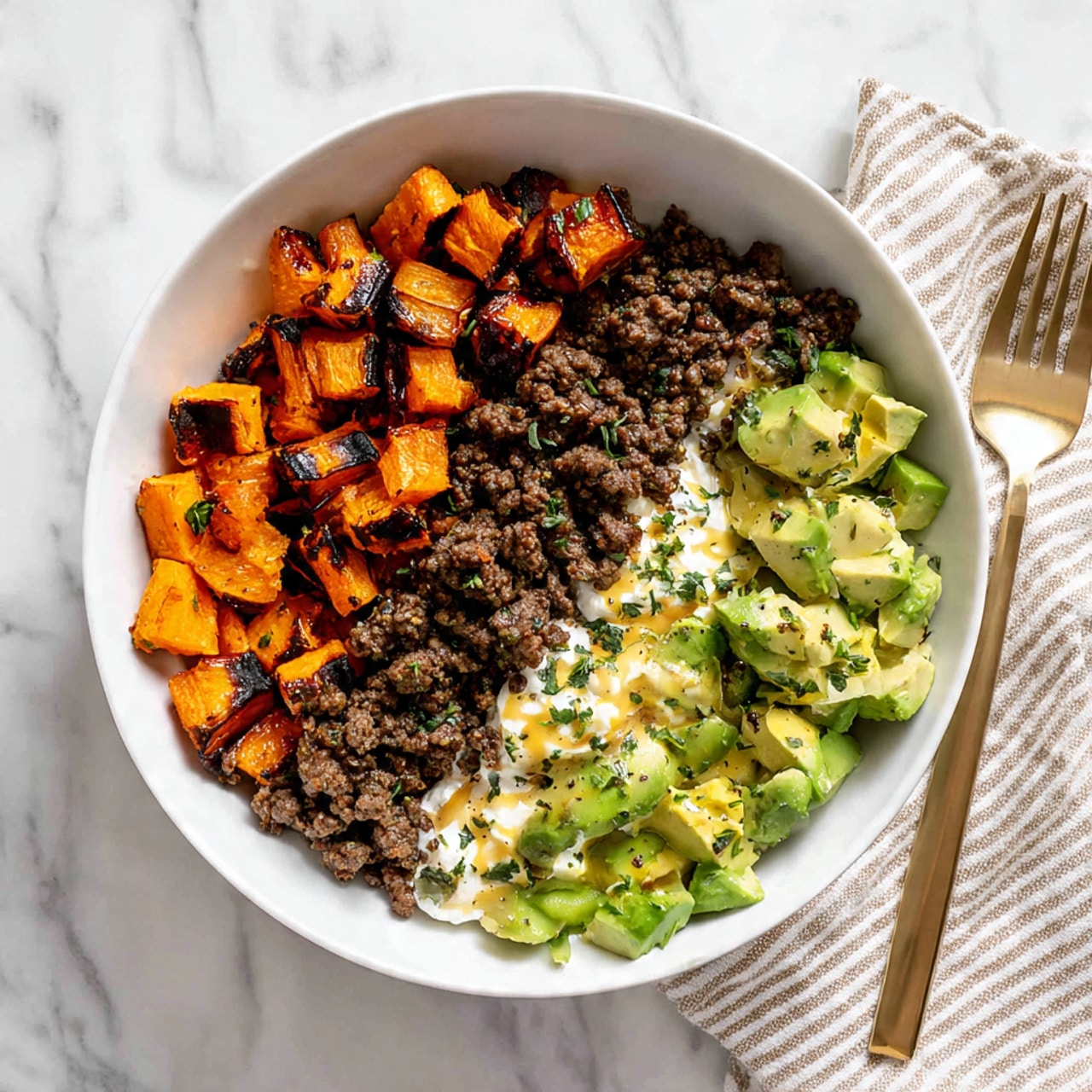 A white bowl holds three main layers arranged side by side: on the left is white cottage cheese with a soft, lumpy texture; on the top right are small cubes of roasted orange sweet potatoes that look slightly crispy; on the bottom right is a pile of browned ground meat with a crumbly texture. A spoon held by a woman's hand is adding bright green avocado cubes over the bowl. The scene is set on a white marbled surface with additional white bowls containing similar ingredients around. Photo taken with an iphone --ar 4:5 --v 7