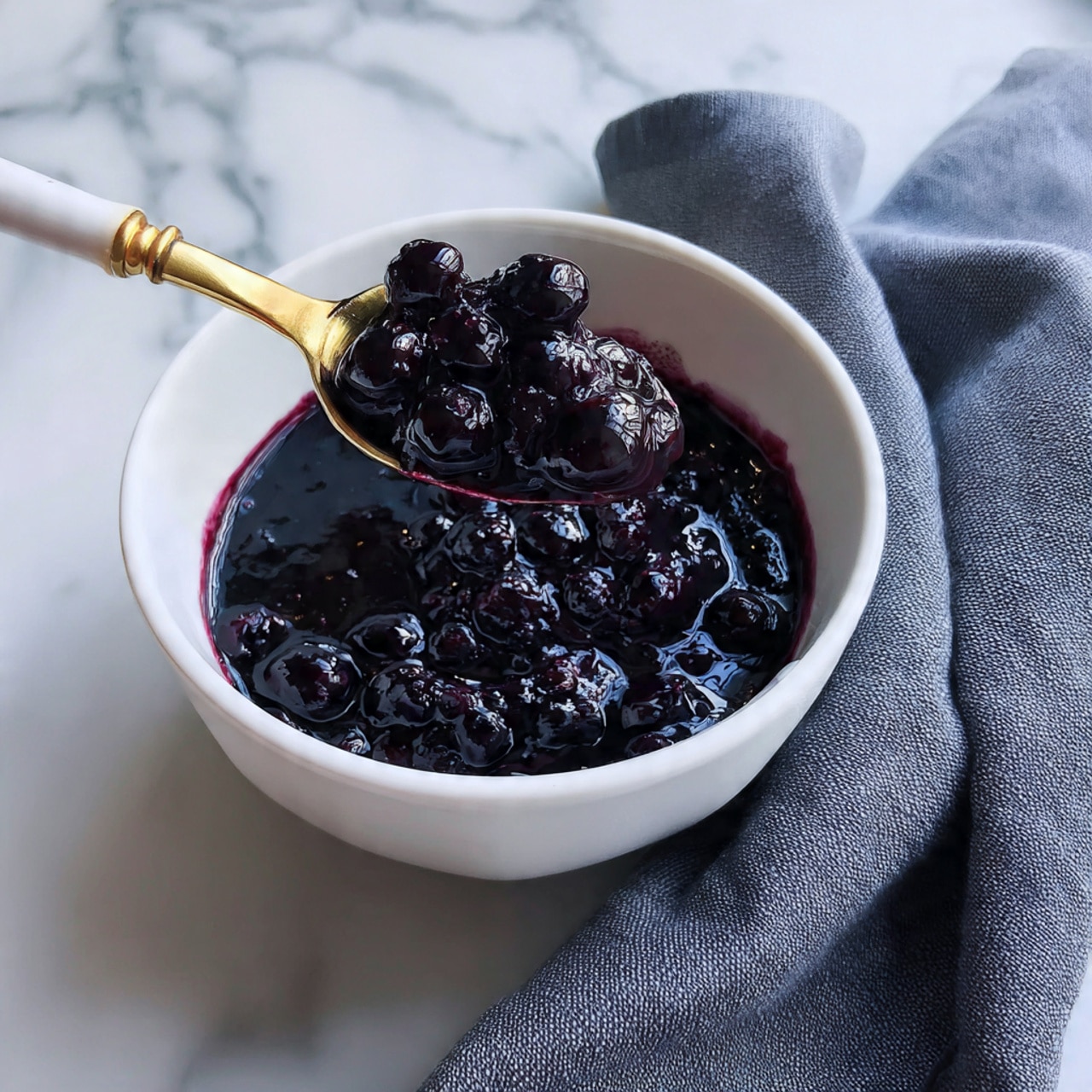 A white bowl filled with a thick, dark purple blueberry sauce that is glossy and full of whole blueberries. A gold spoon with a white handle is dipped into the sauce, partially lifting a cluster of berries. The bowl sits on a white marbled surface, next to a folded gray cloth napkin. Photo taken with an iphone --ar 4:5 --v 7