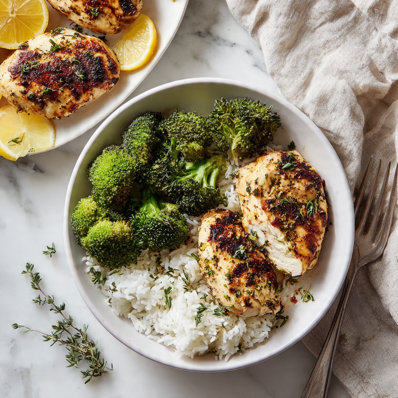 A white plate sits on a white marbled surface, filled with three main layers: bright green broccoli florets arranged in the top left, fluffy white rice placed in the bottom left, and two pieces of grilled chicken with a charred and slightly crispy texture on the right, sprinkled with small green herbs. In the top left corner, part of another white plate is visible, holding two more pieces of grilled chicken and two lemon wedges. A beige, wrinkled cloth is casually draped in the upper right corner, and a silver fork is placed to the right of the main plate. A small sprig of green herb is scattered on the surface near the plates. Photo taken with an iphone --ar 4:5 --v 7