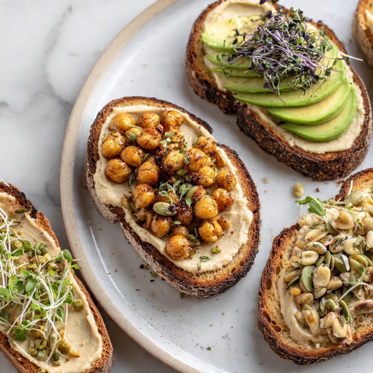 The image shows a white plate on a white marbled surface holding four pieces of toasted bread, each topped with a creamy, light beige hummus spread. One toast is topped with slices of pale green avocado and a small bunch of dark green sprouts. Another toast has a small pile of golden brown roasted chickpeas and delicate green microgreens scattered on top. A third toast is garnished with a mixture of light green pumpkin seeds, white sunflower seeds, and small hemp seeds. The fourth toast, visible only partially, has more roasted chickpeas and microgreens. The toasted bread has a dark brown crust and a light, grainy texture inside. Photo taken with an iphone --ar 4:5 --v 7