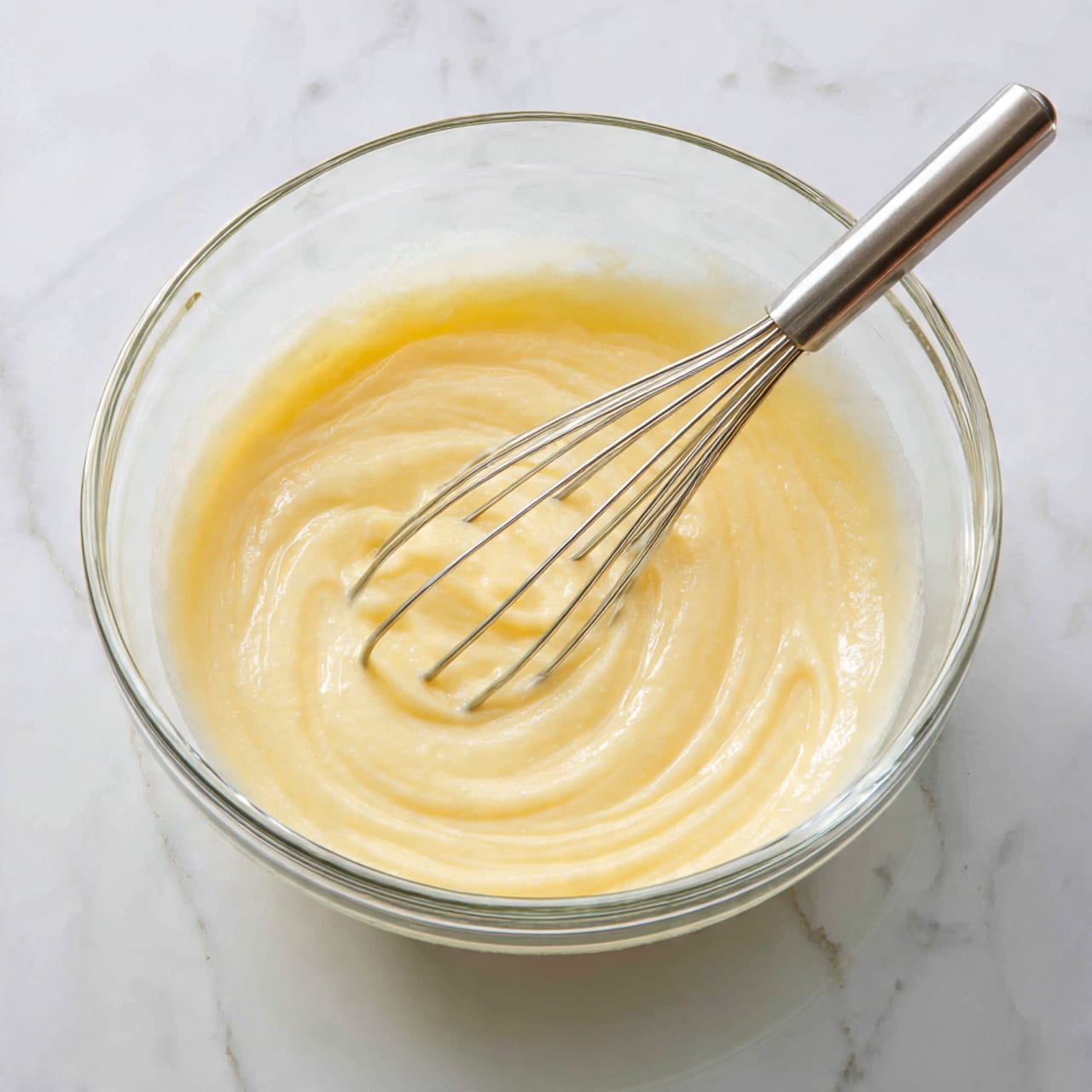 A clear glass bowl filled with a smooth, creamy pale yellow batter. The batter has a thick but soft texture with swirls made by a thin silver whisk resting inside the bowl. The bowl is placed on a white marbled surface, and the batter covers the bottom and sides evenly, showing gentle folds from mixing. photo taken with an iphone --ar 4:5 --v 7