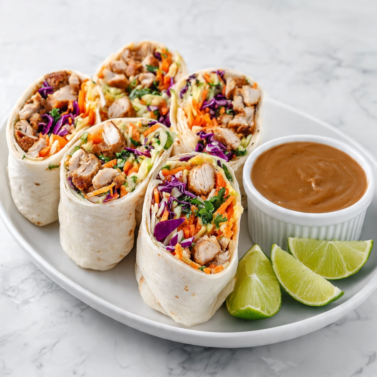A large white tortilla lies flat on a white marbled surface, with a row of sliced cooked chicken pieces positioned along the bottom left side of the tortilla. On top of the chicken, there is a colorful mix of shredded vegetables including orange carrots, light yellow cabbage, and small pieces of green herbs, with some scattered nuts adding texture. The tortilla and fillings create a simple, fresh look with a bright and natural color contrast. Photo taken with an iphone --ar 4:5 --v 7