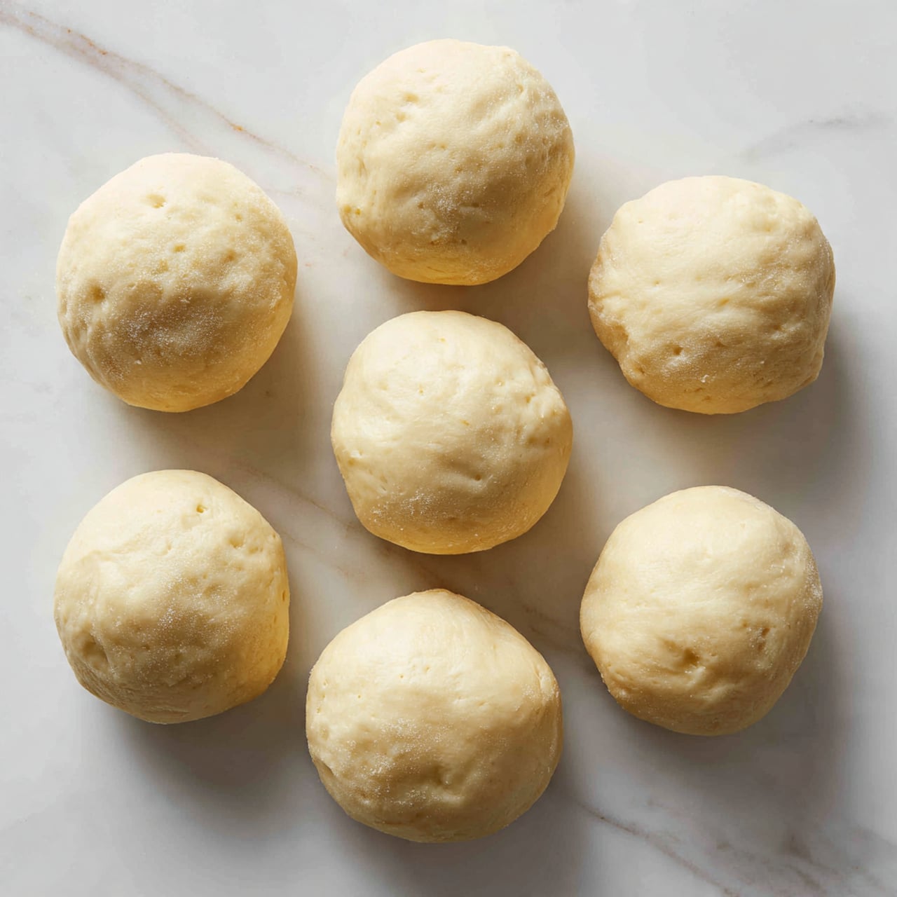 There are six small, round dough balls placed on a white marbled surface. The dough balls are pale with a soft, slightly uneven texture showing some small dimples and air bubbles. They are arranged loosely in two rows of three, all facing upwards, and have a fresh, uncooked look. The white marbled background contrasts the dough’s light cream color, making the balls stand out clearly. photo taken with an iphone --ar 4:5 --v 7