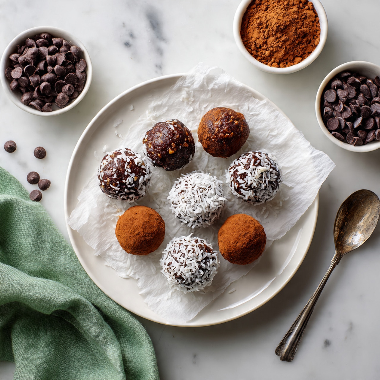 The image shows nine round chocolate energy balls arranged randomly on white crinkled parchment paper inside a white plate. The balls have different textures: four are plain dark brown with small bits visible, three are covered with small dark chocolate chips, and two are coated with small white coconut flakes. The energy balls have a rough, slightly grainy surface and look dense. The background is a white marbled texture. photo taken with an iphone --ar 4:5 --v 7