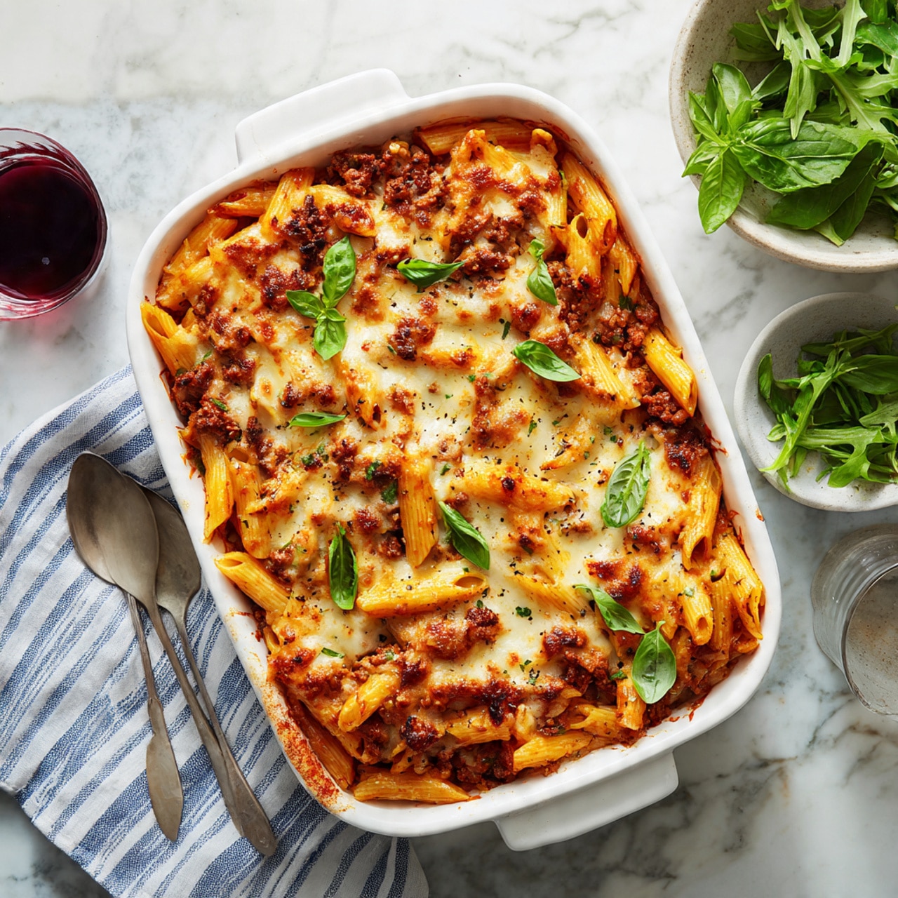 A blue bowl filled with pasta baked in three layers: the bottom layer is penne pasta coated in red tomato sauce with small chunks of meat, the middle layer has melted white cheese with a bubbly texture, and the top layer is sprinkled with fresh green basil leaves and cracked black pepper. A silver spoon rests on the right side inside the bowl. In the background is a small white bowl with sliced green basil and a glass of dark red drink on a white marbled surface, with a blue and white striped cloth near the bottom left corner. photo taken with an iphone --ar 4:5 --v 7