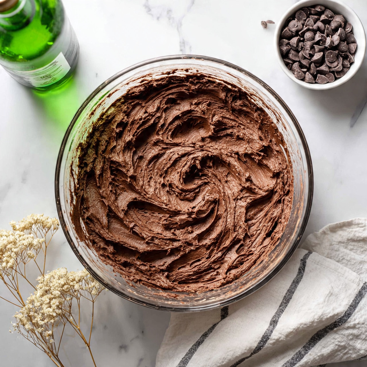 A clear mixing bowl holds a thick, dark brown chocolate dough with a rough creamy texture that is slightly swirled and fluffy. The mixing bowl sits on a white marbled surface, surrounded by a white cloth with thin black stripes on the side, a small white bowl filled with dark chocolate chips in the top right, and a green bottle in the top left corner. Dried small beige flowers are placed in the bottom left, and a small patch of light is reflecting off the dough. Photo taken with an iphone --ar 4:5 --v 7