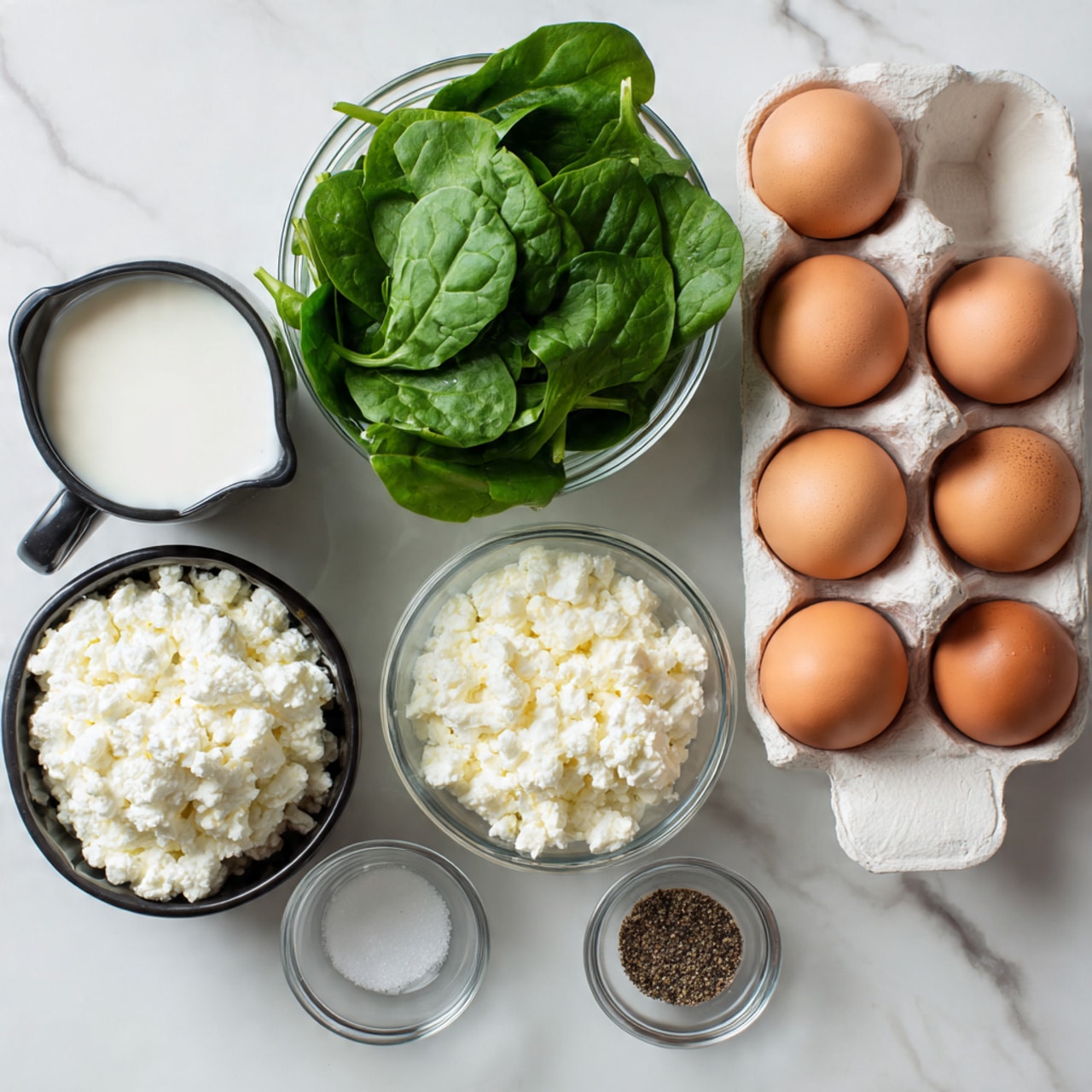 The image shows six brown eggs arranged neatly in a white egg holder on the right side. Above the eggs is a small glass bowl filled with fresh dark green spinach leaves. To the left of the spinach is a black measuring cup filled with white milk, and below it, another black measuring cup filled with chunky white cottage cheese. Below the cottage cheese cup is a small clear glass bowl with crumbly white cheese. In the lower right corner, there is a small white bowl with black pepper and salt. All items are placed on a white marbled surface. Photo taken with an iphone --ar 4:5 --v 7