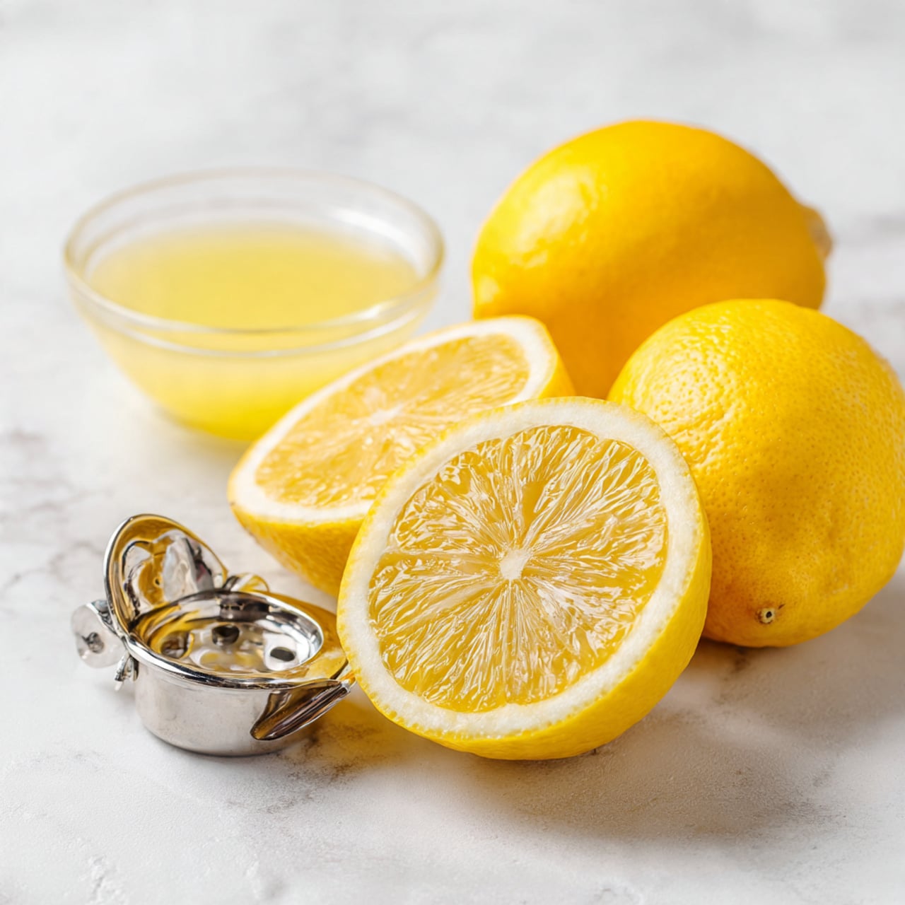 The image shows whole bright yellow lemons and two lemon halves placed on a white marbled surface. One lemon half is fresh-looking and smooth, with visible seeds inside, while the other half appears juiced, showing a textured, wet inside with some seeds still there. Behind the lemons, there is a small clear glass bowl filled with pale yellow lemon juice, and a shiny metal lemon squeezer is placed next to it. The scene is brightly lit with soft shadows, emphasizing the freshness of the lemons. Photo taken with an iphone --ar 4:5 --v 7