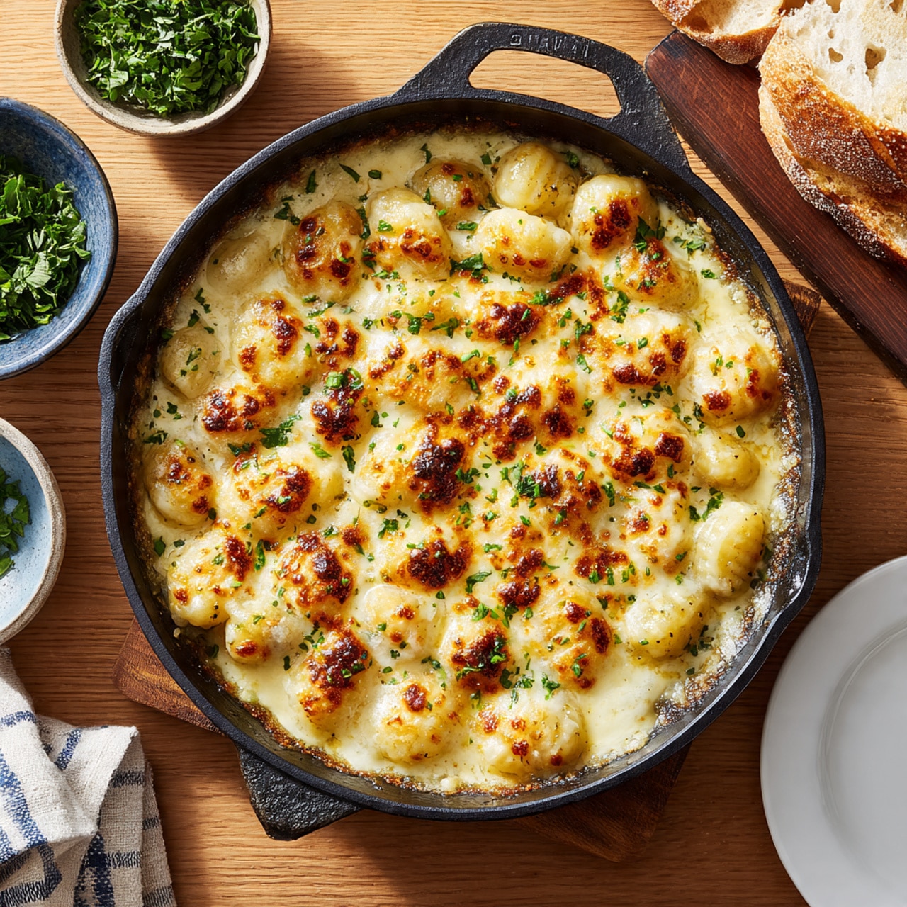 A dark round plate holds a dish with two main layers: the bottom layer is light beige, soft pieces of cooked cauliflower, and the top layer is a mix of golden-brown gnocchi and dark brown sautéed mushrooms coated in a shiny sauce. Small green herb bits are sprinkled over the dish. The plate sits on a wooden table next to some fresh green parsley and a basket of sliced white bread. The background is a white marbled texture. Photo taken with an iphone --ar 4:5 --v 7