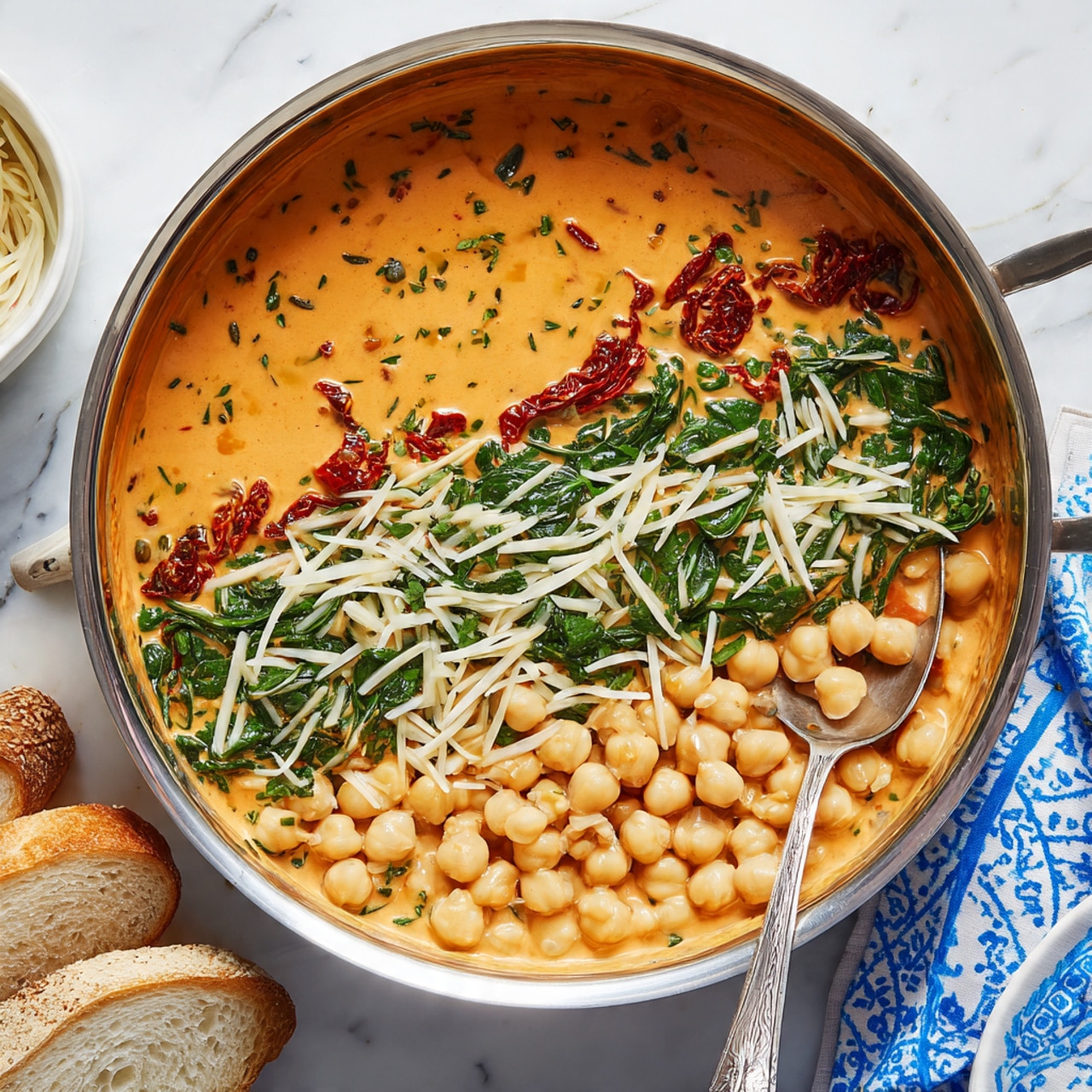 A white bowl filled with creamy chickpea stew sits on a white marbled surface. The stew has three main layers: at the bottom is a light orange creamy broth with specks of red pepper flakes, on top are whole pale yellow chickpeas, and scattered throughout are dark green leafy spinach and pieces of soft, cooked red tomatoes. A metal spoon rests inside the bowl on the left side. The broth looks thick and rich, coating the chickpeas and vegetables. Photo taken with an iphone --ar 4:5 --v 7