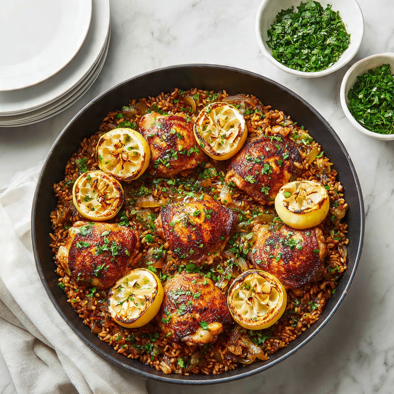 The image shows a close-up of a white pan filled with cooked brown rice mixed with herbs and spices, creating a textured, slightly fluffy yellowish-brown layer at the bottom. On top, there are three pieces of golden-brown roasted chicken with crispy skin, partly resting on the rice. To the right side of the pan, two grilled lemon slices with a slight char are placed on the rice. A silver spoon is partially buried in the rice on the right side of the image, with a woman's hand holding it. The background is a white marbled texture. photo taken with an iphone --ar 4:5 --v 7