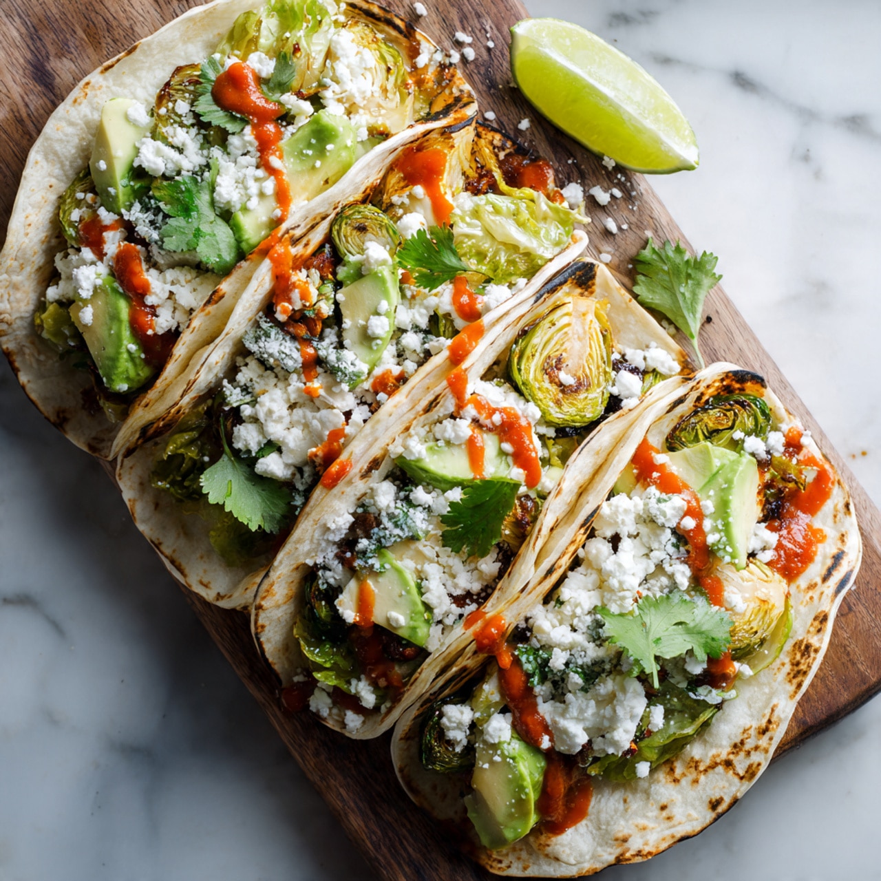 Four tacos are lined up on a white corn tortilla, each filled with a layer of roasted green Brussels sprouts with charred edges, topped with chunks of light green avocado and crumbled white cheese. A drizzle of red sauce is visible on the fillings. The tacos rest on a dark wooden board placed on a white marbled surface. A light green lime wedge is on the left side of the board, with a sprig of fresh green cilantro nearby. To the top right, a small stack of white tortillas is slightly charred on the edges. A square white dish filled with bright red salsa is placed in the background. photo taken with an iphone --ar 4:5 --v 7