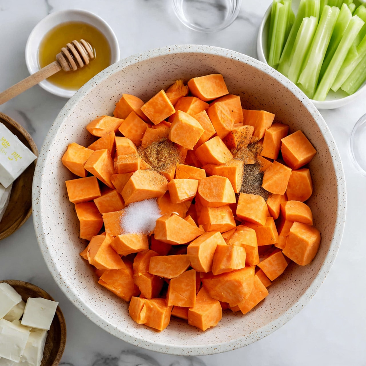 A large white speckled mixing bowl sits on a white marbled surface filled with bright orange sweet potato cubes. On top of the sweet potatoes, there are small piles of white salt, ground black pepper, and light brown spices. Around the bowl, on the white marbled surface, there is a small white bowl with a wooden honey dipper resting in golden honey, a white bowl with soft white cheese, and a partial view of a white bowl with green celery sticks. Photo taken with an iphone --ar 4:5 --v 7