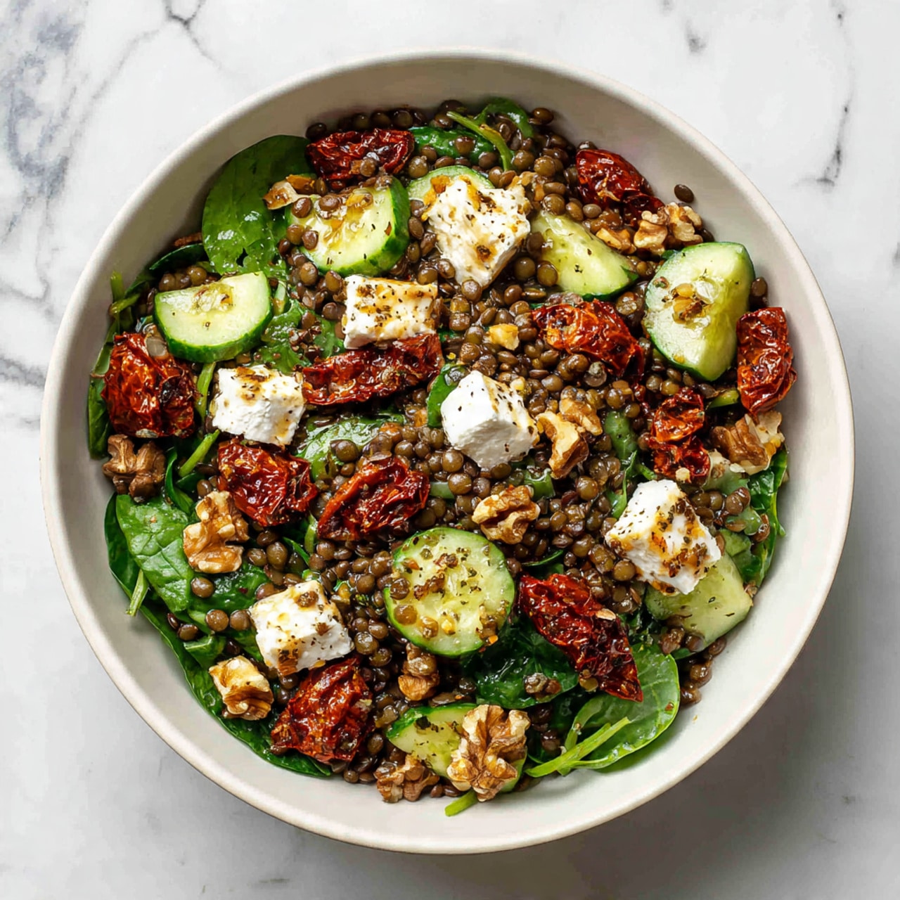 A white bowl filled with a colorful salad sits on a white marbled surface. The salad has a base layer of green spinach leaves mixed with lentils. On top of this are chopped green cucumbers and pieces of sun-dried red tomatoes. Scattered among these are small white cubes of cheese and bits of brown walnuts, adding texture and contrast. The ingredients are evenly mixed, creating a fresh and vibrant look. Photo taken with an iphone --ar 4:5 --v 7