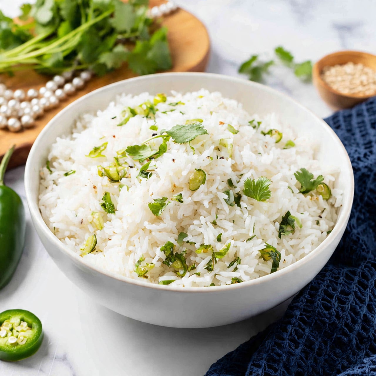 A white bowl filled with a single layer of white cooked rice mixed with small brown mustard seeds and sprinkled with bright green cilantro leaves evenly on top. The bowl sits on a dark blue textured cloth that is placed on a wooden cutting board, all set on a white marbled surface. Around the bowl, there are sprigs of fresh cilantro, a green chili pepper, a small wooden bowl with brown seeds, and another small wooden bowl with white salt. Photo taken with an iphone --ar 4:5 --v 7