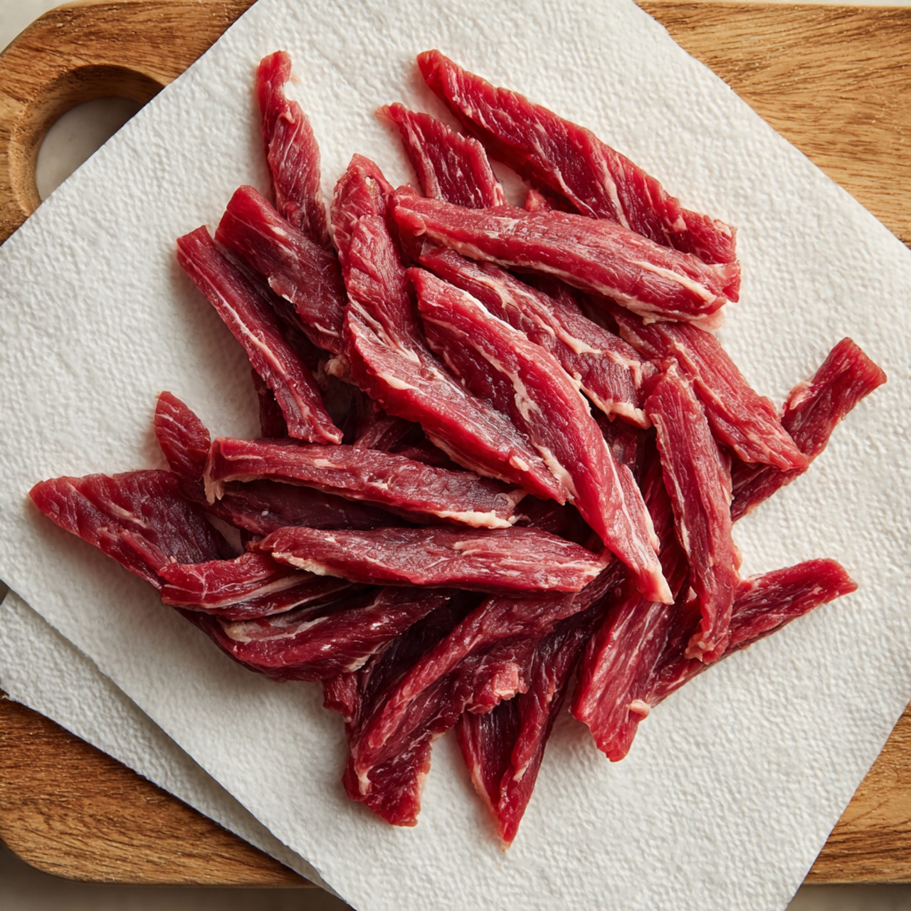 Thin strips of raw red meat with slight white marbling are spread out in an uneven pile on a sheet of white paper towel. The paper towel lies flat on a wooden surface, which contrasts with the deep red color of the meat strips. The texture of the meat looks moist and fresh with varied strip lengths and thicknesses, scattered loosely with some overlapping and some lying separately. Photo taken with an iphone --ar 4:5 --v 7