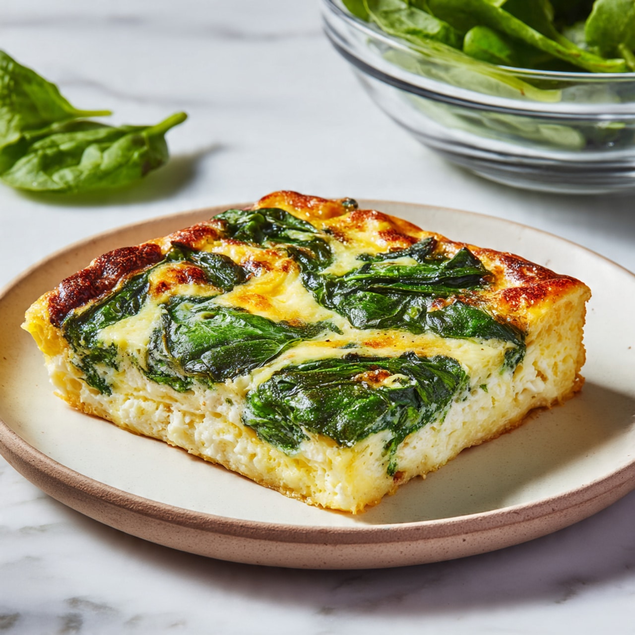 A square piece of spinach and egg casserole sits in the center of a plain white plate. The bottom layer is a light golden yellow egg base with a soft, slightly fluffy texture. On top of this lies a thick layer of vibrant green spinach leaves, some overlapping, cooked but still fresh in appearance, with a lightly browned, slightly crisped egg layer binding the spinach and egg together. The plate is placed on a white marbled surface, with a glass bowl of fresh spinach and loose spinach leaves in the background, slightly out of focus. photo taken with an iphone --ar 4:5 --v 7
