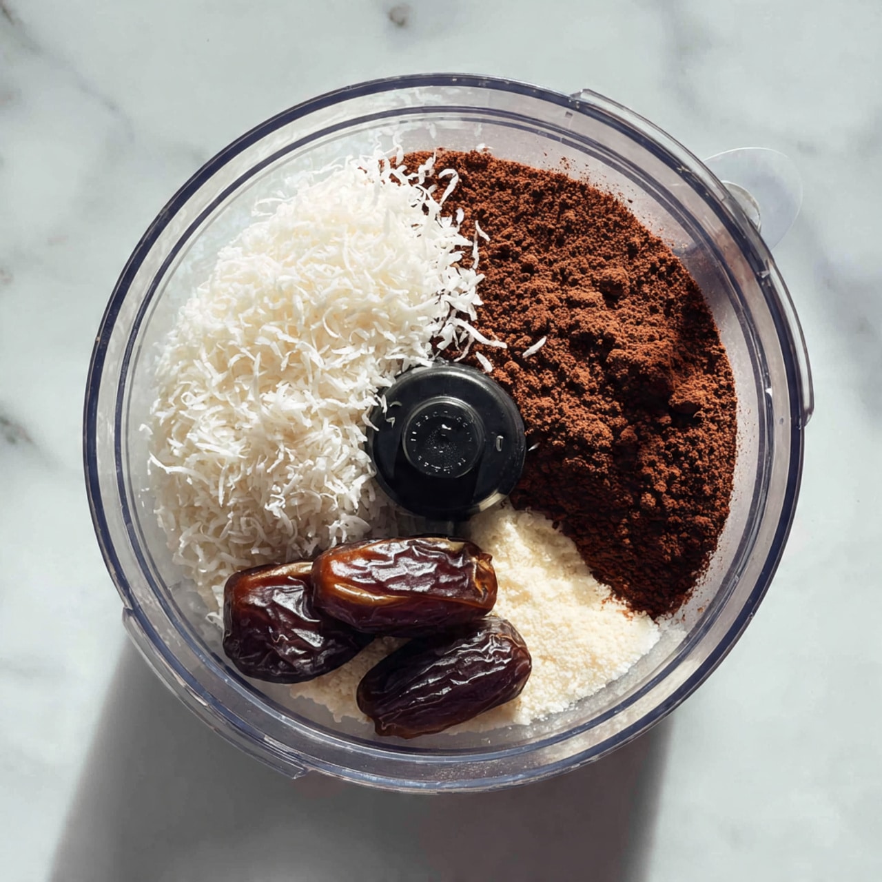 Inside a clear food processor bowl, different ingredients sit in separate layers and areas around a central black blade piece. On one side, there is a pile of white shredded coconut, which looks fine and fluffy. Next to it, to the right, a heap of brown cocoa powder with a soft, powdery texture covers the base. Near the front, two whole dark brown dates with a shiny, wrinkled skin lie at the bottom, contrasting with the lighter powders. The clear food processor bowl rests on a white marbled surface, and the scene is lit softly with natural light. Photo taken with an iphone --ar 4:5 --v 7