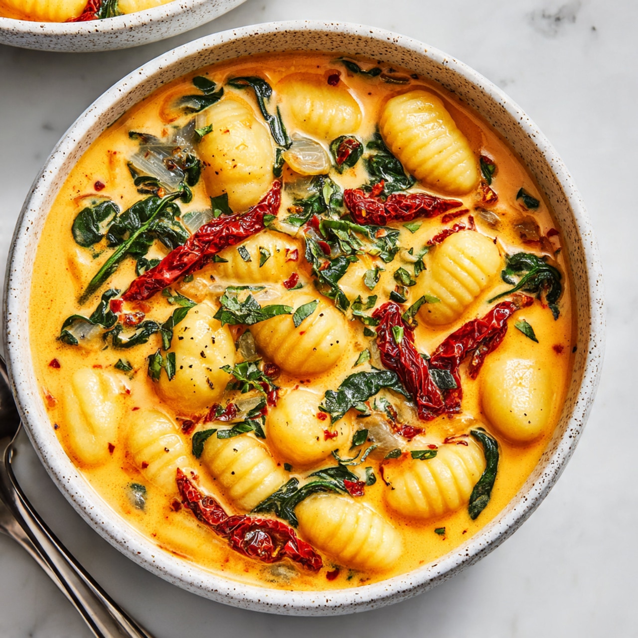 The image shows a close-up of a shiny silver pan filled with a creamy orange sauce mixed with small ridged pasta pieces, dark green leafy vegetables, and bright red sun-dried tomato strips. A wooden spoon with a smooth texture is partially submerged in the sauce, resting at the right side of the pan. The sauce has visible herbs and spices scattered throughout, making the dish look rich and flavorful. The background is a white marbled surface. photo taken with an iphone --ar 4:5 --v 7