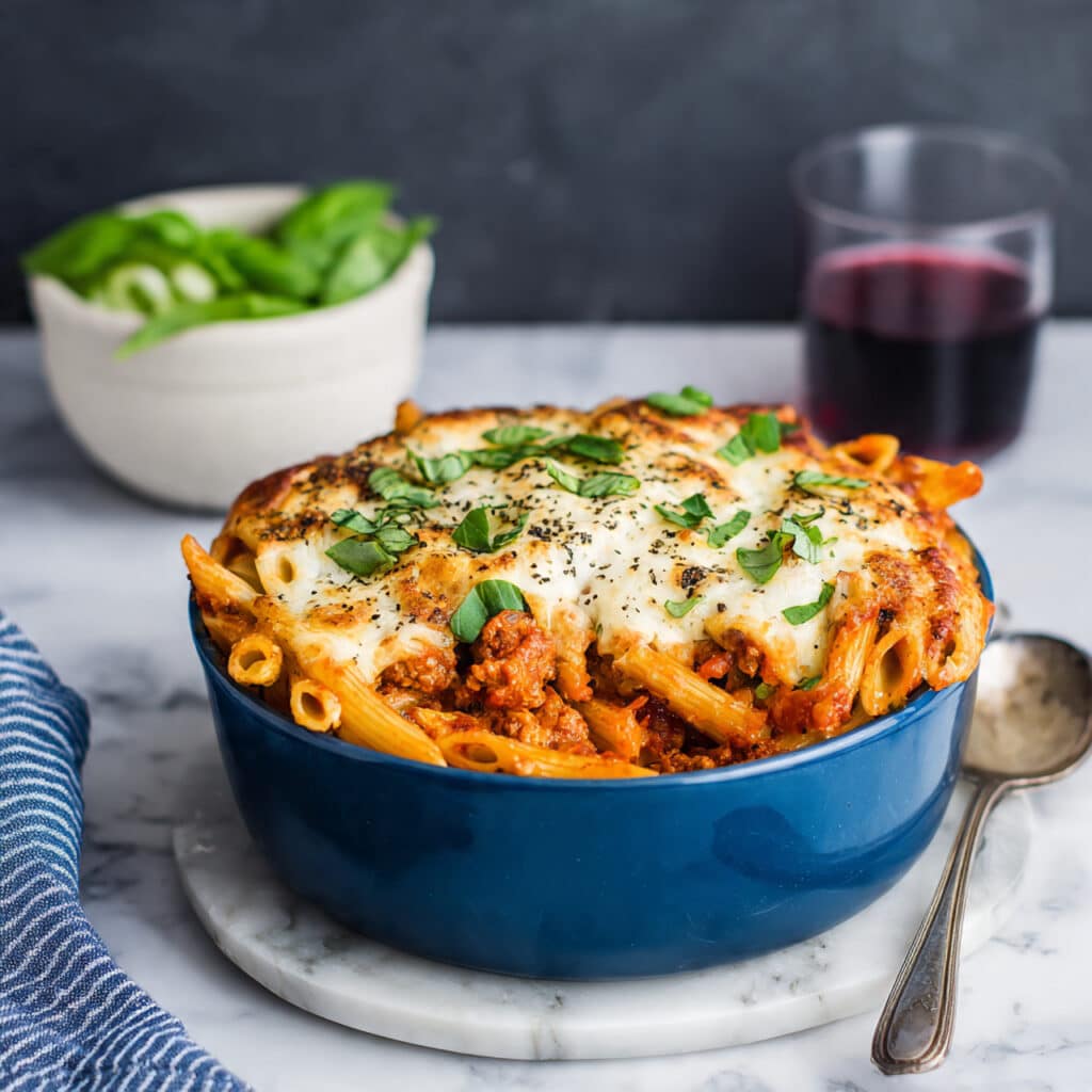 Vegan Pasta Bake with Tomato Sauce, Vegan Sausages, and Cheesy White Sauce Recipe