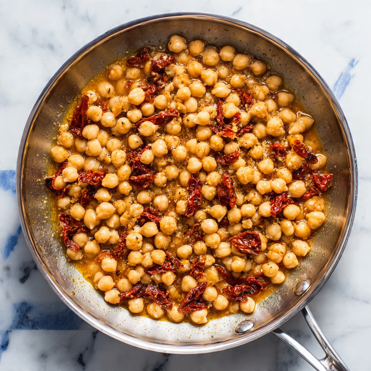 A shiny stainless steel pan filled with a mix of light beige chickpeas and small pieces of deep red sun-dried tomatoes, all sitting in a thin, orange-brown oily sauce. The chickpeas are round, smooth, and cover most of the pan's surface, while the sun-dried tomatoes add richer red patches scattered evenly throughout. The pan has a long handle extending out to the right, and the background is a white marbled surface covered by a blue and white mosaic pattern. photo taken with an iphone --ar 4:5 --v 7