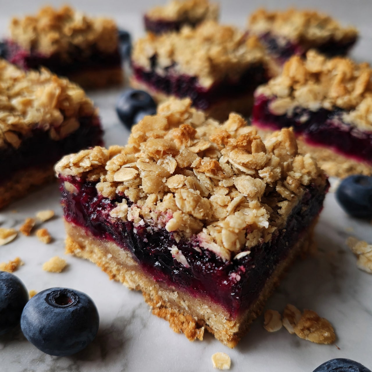 The image shows several square oat bars arranged on a white marbled surface. Each bar has two layers: a bottom dark purple layer of blueberry filling and a thick top layer of golden-brown oat crumble with visible rolled oats, giving a rough texture. Blueberries and small crumbs are scattered around the bars, adding extra color and detail to the scene. photo taken with an iphone --ar 4:5 --v 7