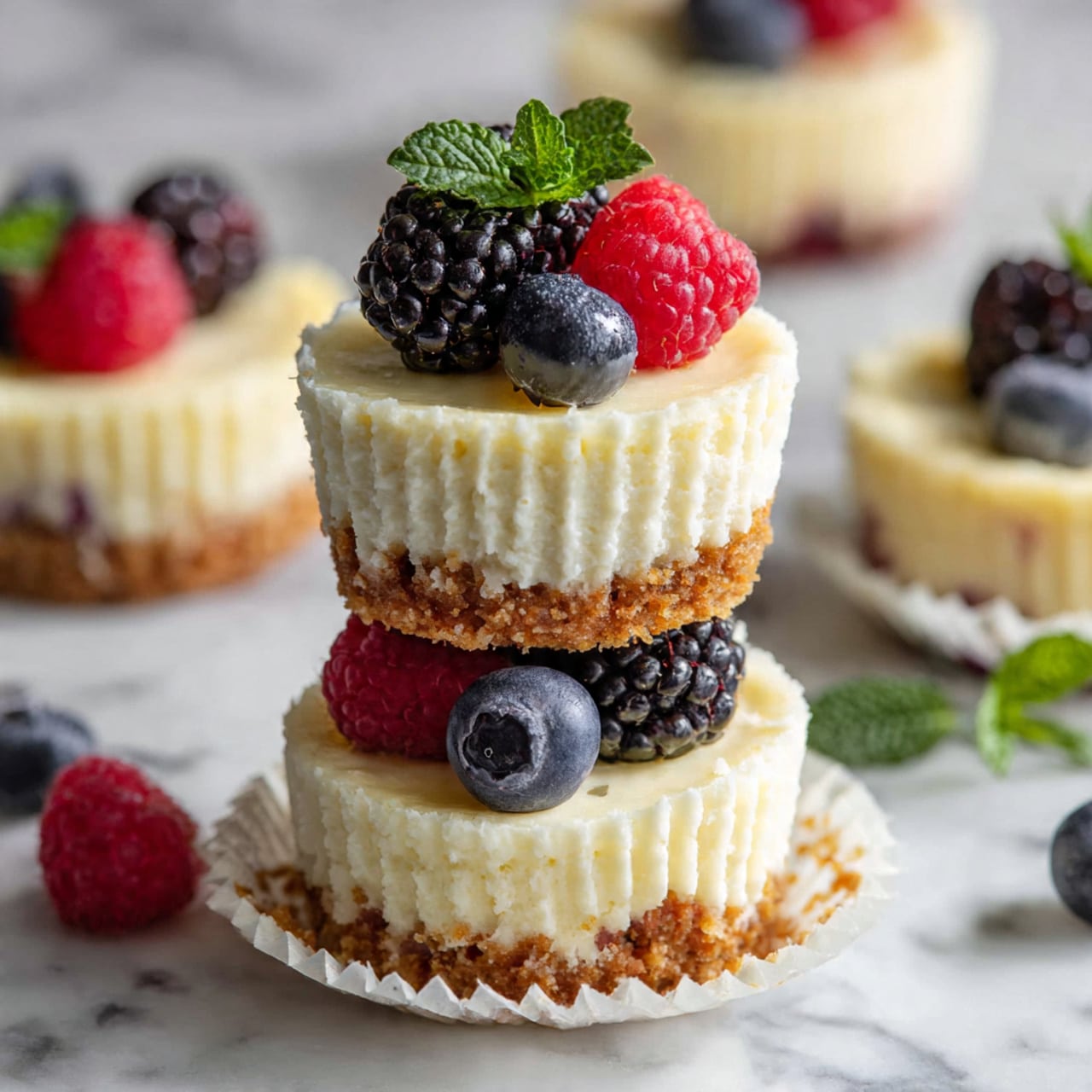 The image shows three mini cheesecakes on a white plate with a speckled pattern, placed on a white marbled surface. Each mini cheesecake has two layers: a thick, crumbly light brown base and a smooth, creamy white top layer. On top of each cheesecake, there are fresh blueberries and sliced strawberries placed closely together. Around the cheesecakes on the plate, there are extra blueberries and halved strawberries, adding bright blue and red colors. In the blurred background, there is a white bowl filled with more strawberries and blueberries. The scene is well-lit with soft natural light, creating a fresh and clean look. photo taken with an iphone --ar 4:5 --v 7