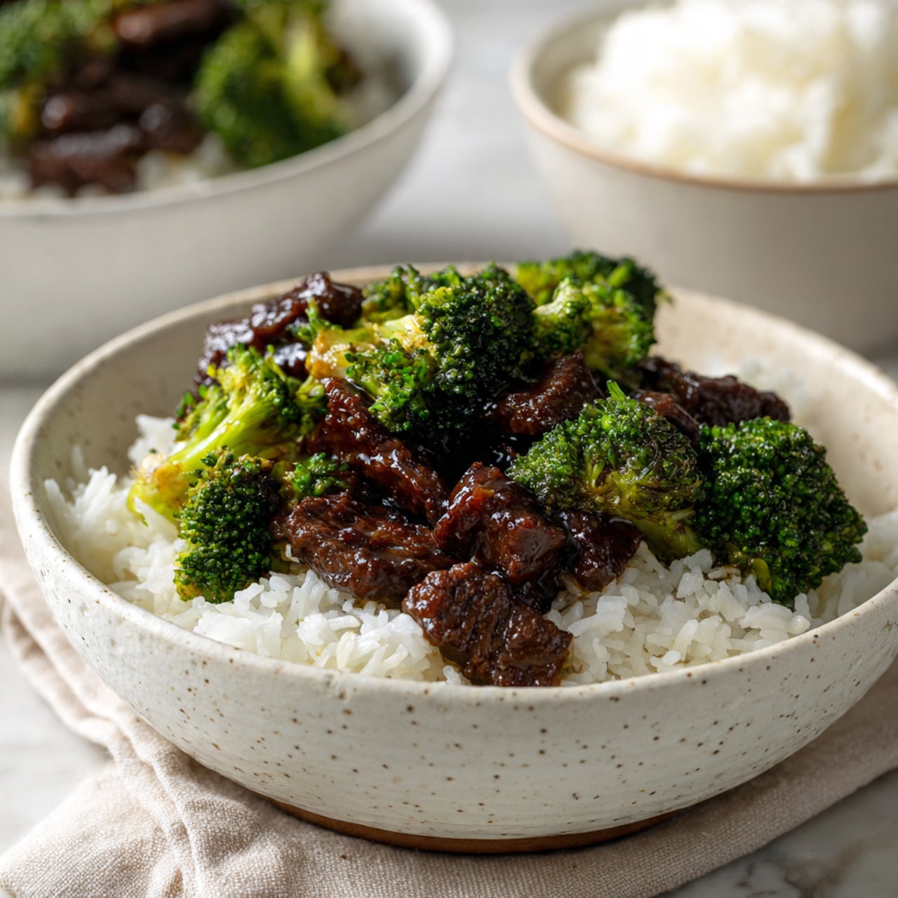 A round ceramic bowl with a speckled brown and beige rim holds a serving of white rice as the base layer, topped with a thick, glossy dark brown sauce mixed with bright green broccoli florets and small pieces of tender meat, sitting in the center of the rice. The bowl is placed on a soft beige cloth on a white marbled surface, with a gold fork and spoon resting beside it on the cloth. In the top right corner, part of another bowl is visible, filled with plain white rice. photo taken with an iphone --ar 4:5 --v 7