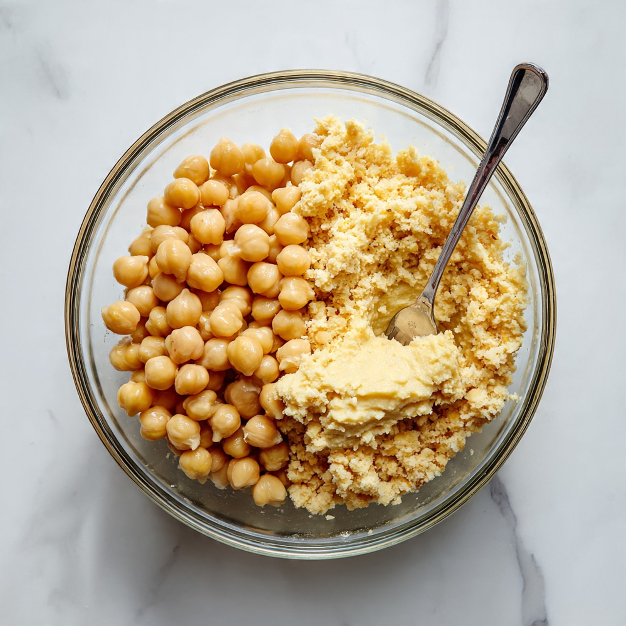 A clear glass bowl sits on a white marbled surface, holding two layers inside; the left side is full of whole, light yellow chickpeas with a smooth, round texture, and the right side has mashed chickpeas that are crumbly and pale yellow. A silver fork is placed diagonally inside the bowl, with its prongs touching the mashed chickpeas. The photo is taken from above, showing the contrast between the whole and mashed chickpeas clearly. photo taken with an iphone --ar 4:5 --v 7