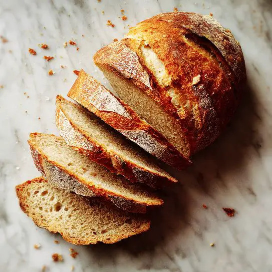 A whole bread loaf sliced evenly into about 15 pieces, showing a crusty, golden-brown crust with a rough texture and a slightly cracked top, with soft light brown crumb visible between the slices. The bread is placed on a white marbled surface with small crumbs scattered around. photo taken with an iphone --ar 4:5 --v 7