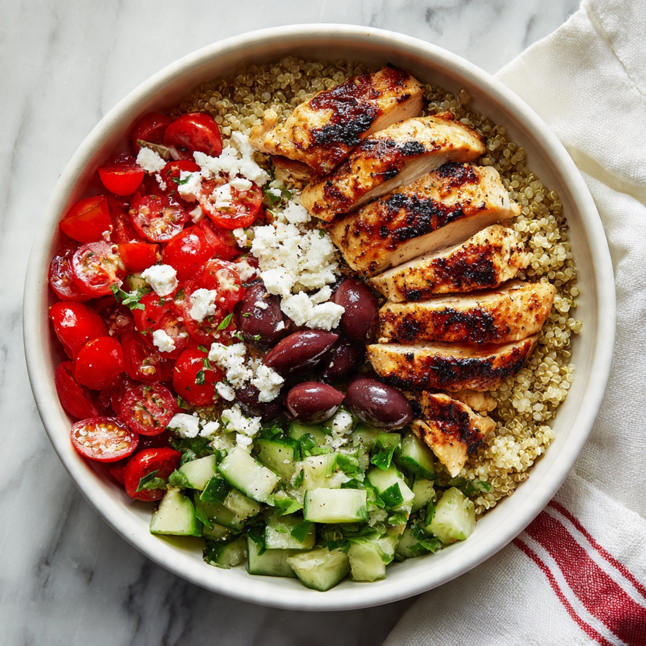 A white bowl filled with four main layers: at the bottom, a layer of light beige quinoa; on one side, bright red chopped tomatoes mixed with some white crumbled feta cheese and a few dark brown olives; next to it, light green chopped cucumbers with more white feta crumbles and dark purple olives; and on the other side, grilled golden brown chicken slices with charred marks placed on top of the quinoa. The bowl is set on a white marbled surface, with a white towel that has red stripes visible nearby. Photo taken with an iphone --ar 4:5 --v 7