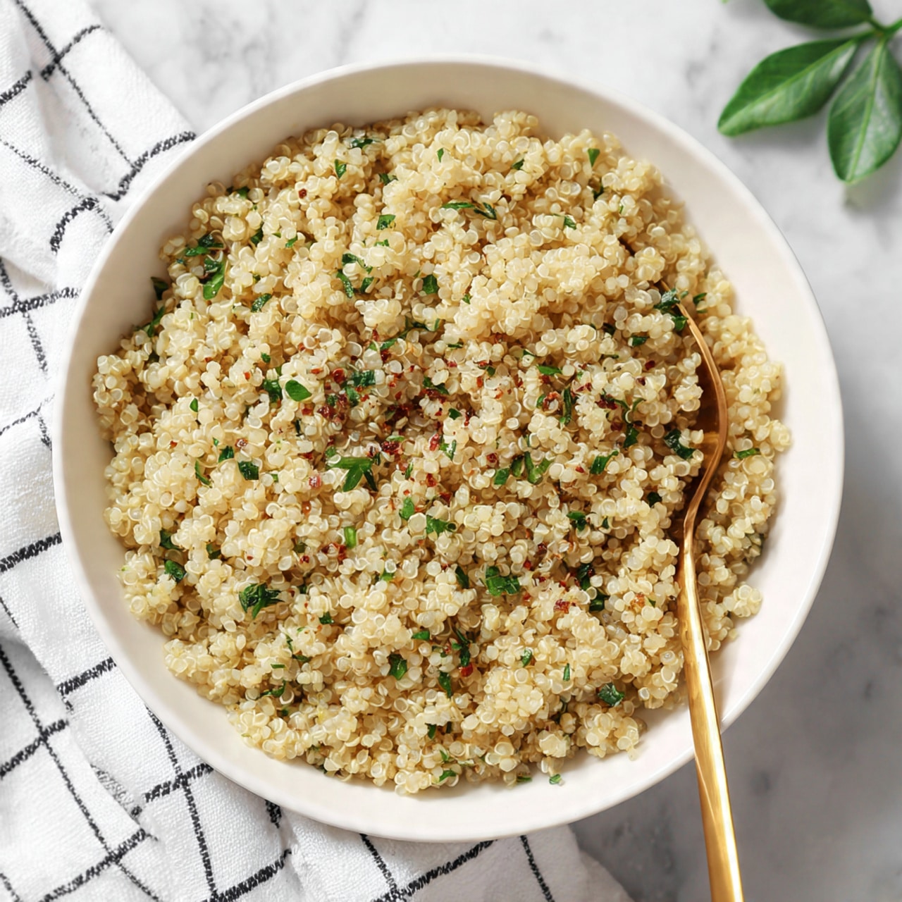 A large white bowl filled with cooked quinoa, light golden in color with small fluffy grains visible all over, sprinkled with finely chopped green herbs and small bits of reddish seasoning evenly spread on top, with a golden spoon lifting a portion of the quinoa showing the grain texture up close, all set on a white marbled surface with a blurred green herb in the background, photo taken with an iphone --ar 4:5 --v 7
