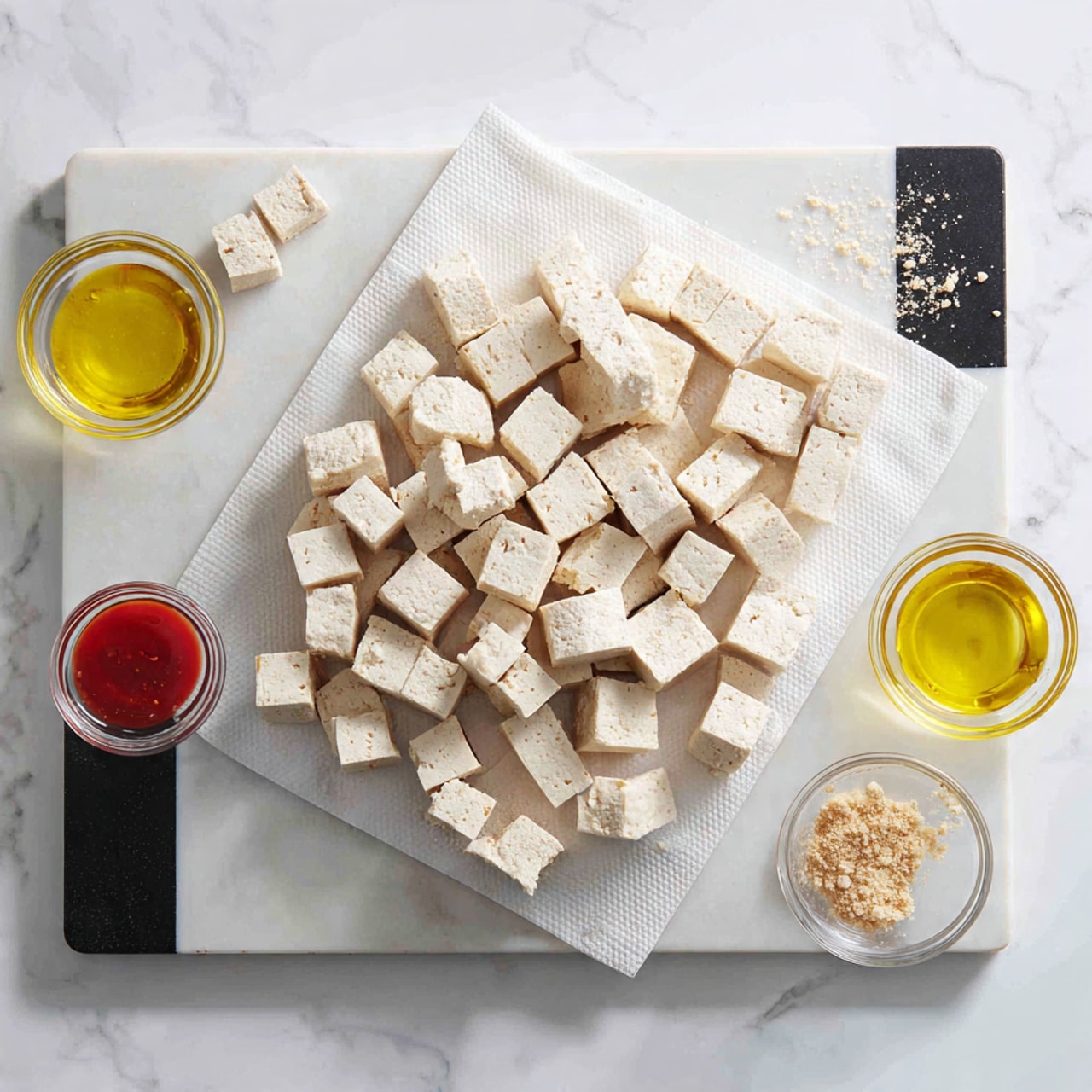 The image shows a large white cutting board with a black edge on a white marbled surface. On the cutting board, there is a layer of white paper towel that holds many small, square pieces of pale beige tofu spread out evenly. Around the cutting board on the white marbled surface, there are small clear glass bowls with yellow oil, red liquid sauce, and beige crumbs. Photo taken with an iphone --ar 4:5 --v 7
