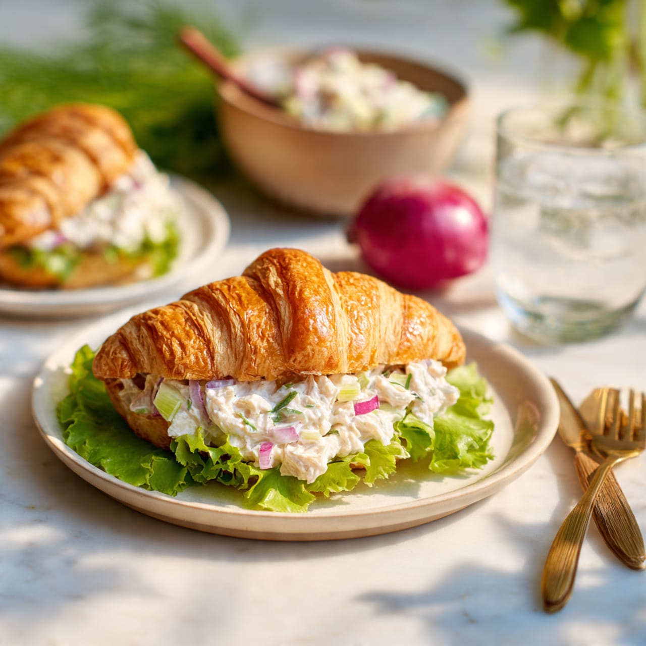 A white bowl filled with a chunky mixture of light yellow creamy salad containing small pieces of red apple, green celery, and red onion bits, creating a textured and colorful mix. Two wooden spoons rest inside the bowl on the right side. To the left, there is a white plate stacked with golden-brown croissants with a flaky texture. On the right, a red apple and half a red onion sit on the white marbled surface near fresh green celery stalks. The scene is lit by bright sunlight, casting clear shadows and reflections. Photo taken with an iphone --ar 4:5 --v 7
