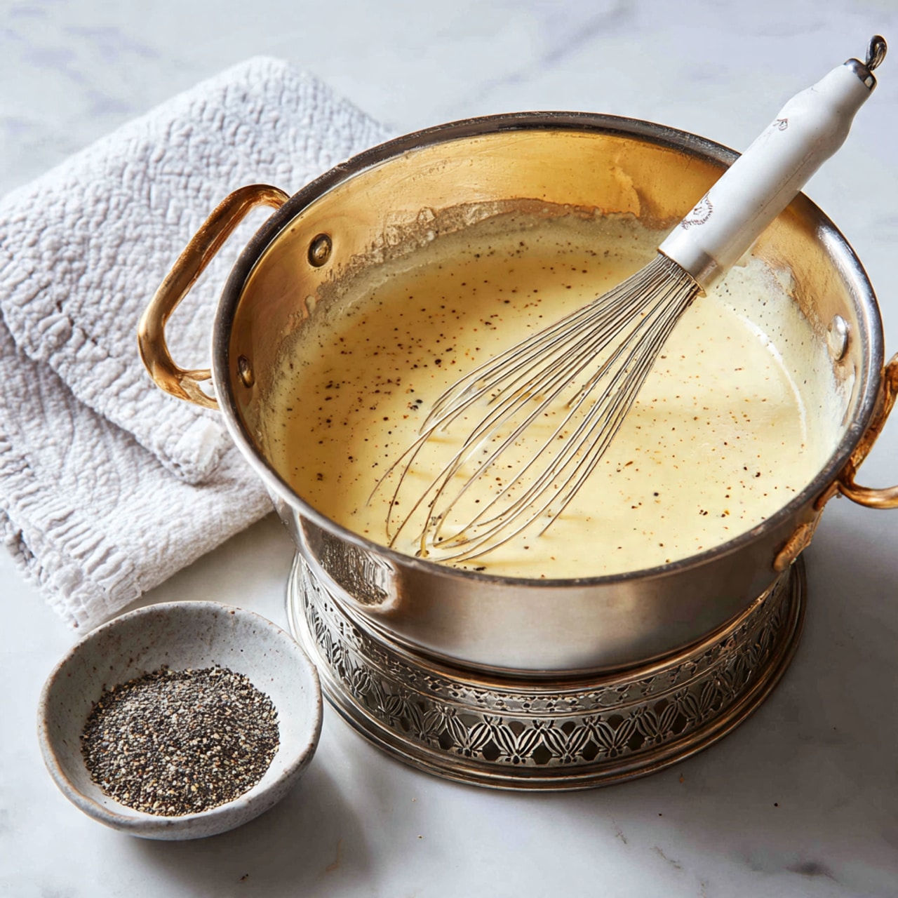 A metal pot filled with a smooth, pale yellow creamy mixture being stirred by a metal whisk with a white handle, sitting on a round metal stand with cut-out patterns. The pot is placed on a white marbled surface. Next to the pot is a small round bowl with coarse black pepper spilling out onto the surface. A white textured towel is partially visible on the upper left side. Photo taken with an iphone --ar 4:5 --v 7