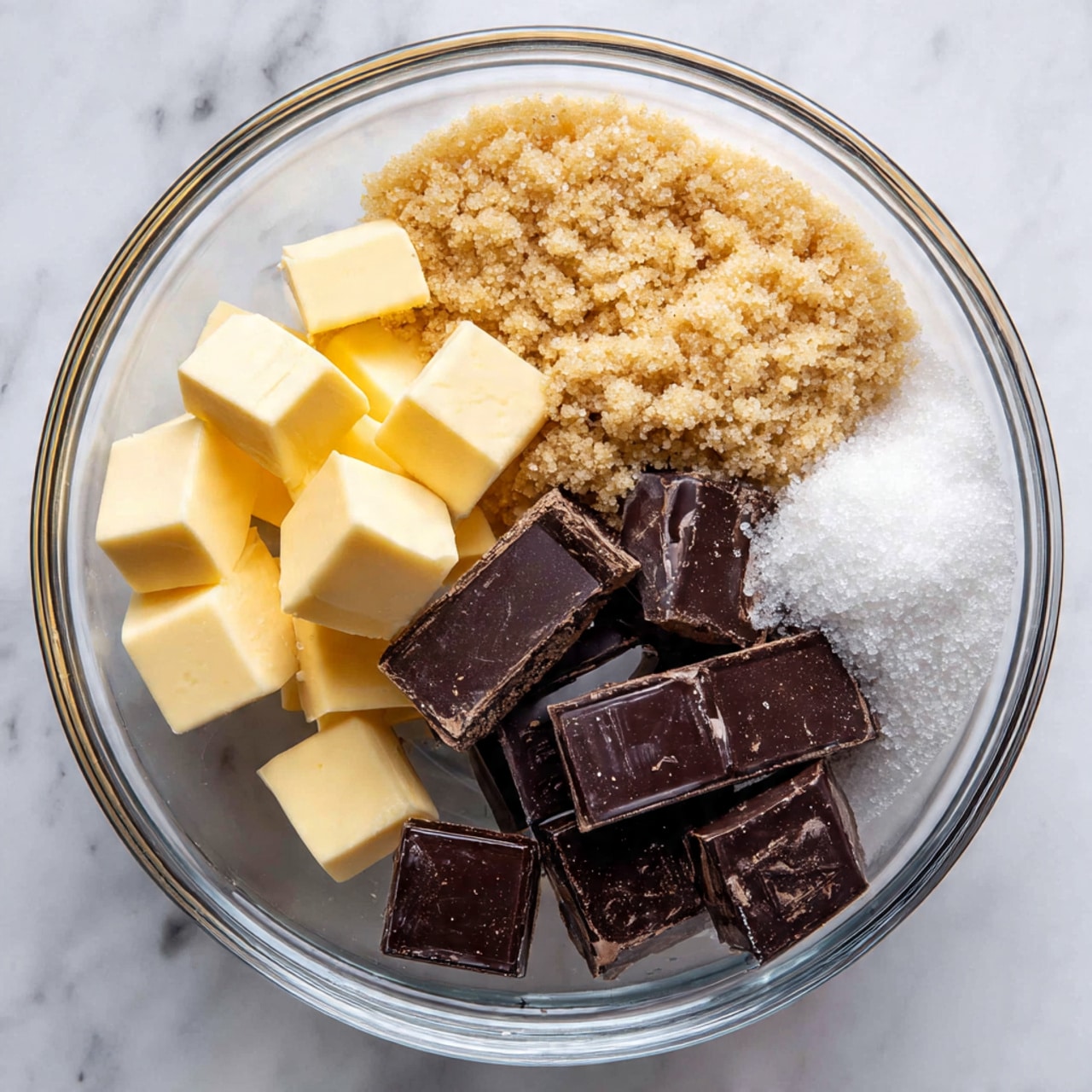 A clear glass bowl on a white marbled surface holds four main ingredients layered side by side. On the bottom left are small pale yellow butter cubes, to the right of them are large dark brown chocolate squares, and above the chocolate is a pile of light brown sugar. Next to the sugar is a small pile of white granulated sugar. The bowl is seen from above with soft natural light. photo taken with an iphone --ar 4:5 --v 7