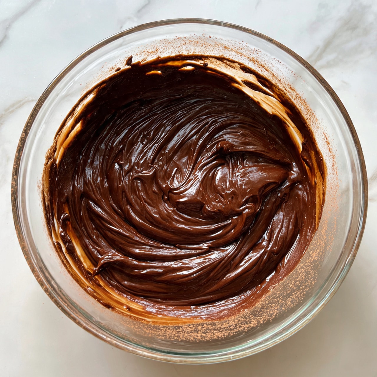 A clear glass mixing bowl sits on a white marbled surface, filled with two thick, glossy layers of dark chocolate batter. The batter has a shiny, swirled texture with some small streaks and a dusting of light cocoa powder on top. The bowl’s curved edges and spout are visible, showing the batter spread evenly inside. Photo taken with an iphone --ar 4:5 --v 7