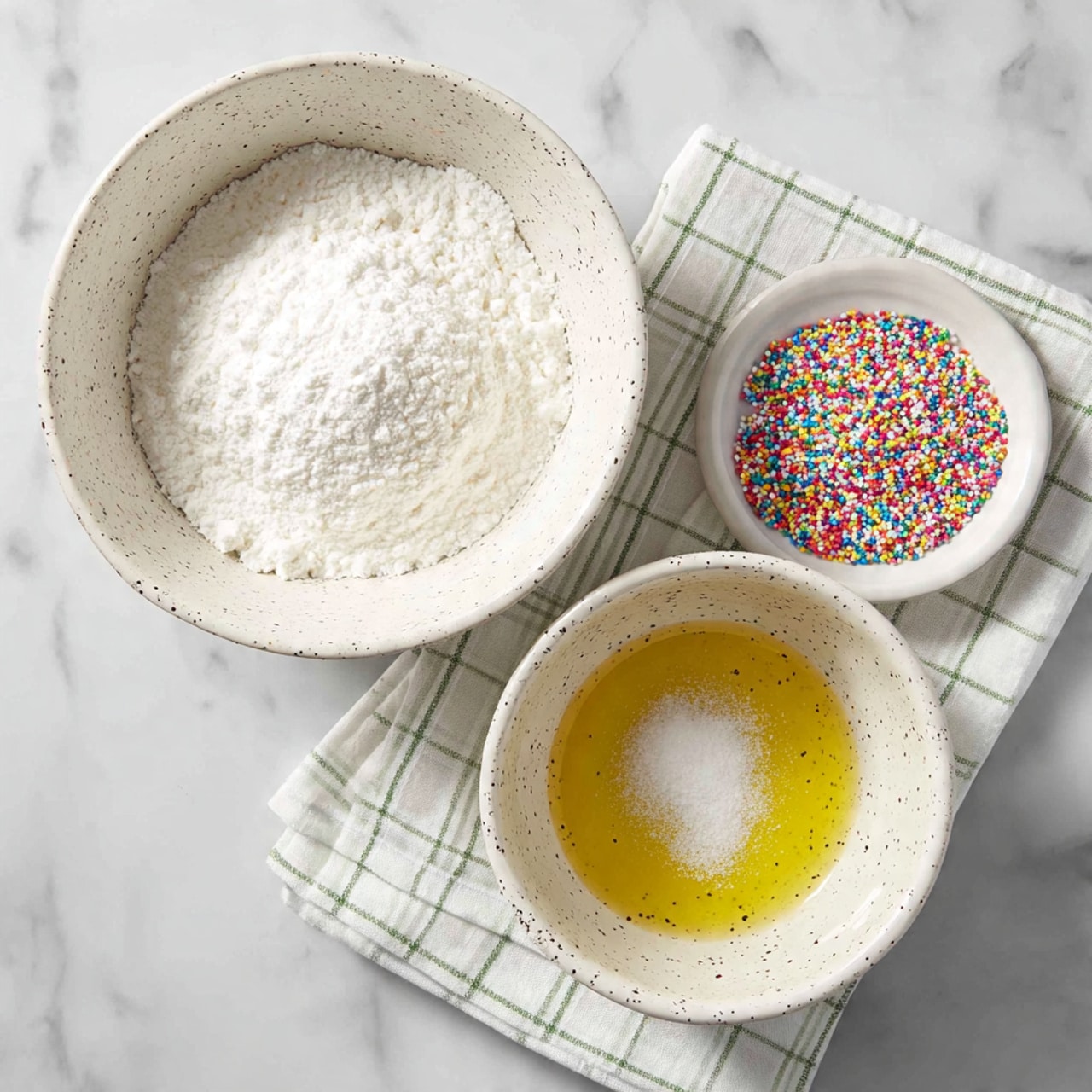 The image shows two white speckled mixing bowls on a white marbled surface. The top bowl contains a thick layer of white powdered sugar filling the bowl evenly, while next to it on the surface is a small white plate holding a colorful mix of rainbow sprinkles. Below the top bowl is another white speckled bowl filled with a golden yellow liquid, likely melted butter or oil, with a small mound of white granulated sugar resting on the liquid's surface. A folded white cloth with a green check pattern is placed partially under the bottom bowl on the marbled surface. photo taken with an iphone --ar 4:5 --v 7