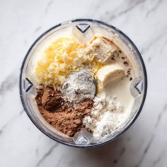 A clear blender cup is shown from above on a white marbled surface. Inside the blender, there are several different ingredients sitting in separate groups: white creamy liquid on one side, light yellow shredded pieces on another side, a small pile of white powder near the center, and two areas of brown powder, one lighter and one darker, spread over the ingredients. The mixture is ready to be blended but not mixed yet, showing distinct textures and colors inside the transparent blender container. photo taken with an iphone --ar 4:5 --v 7