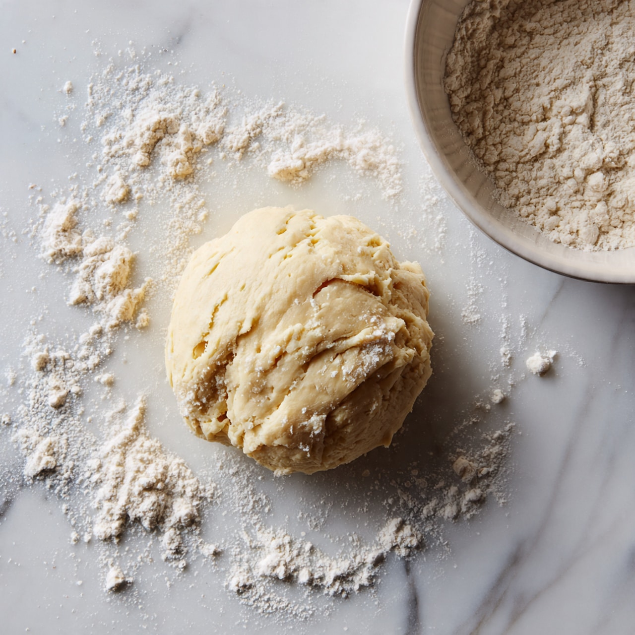 A soft ball of light beige dough is placed in the center of a white marbled surface with some scattered white flour around it. The dough has a smooth texture with slight folds and small areas dusted lightly with flour. In the top right corner, a white bowl with ridged edges holds extra flour. The scene shows no utensils or other objects nearby, focusing on the simple dough on the surface. photo taken with an iphone --ar 4:5 --v 7