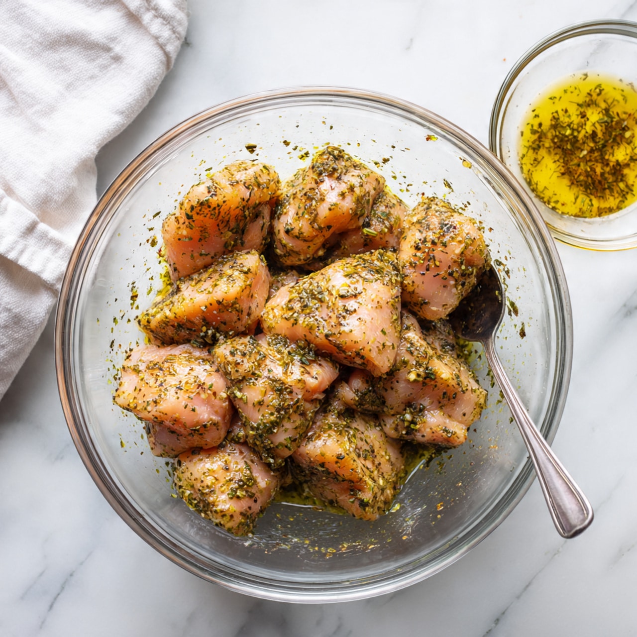 In a clear glass bowl on a white marbled surface, several pieces of raw chicken are placed close together. The chicken pieces have a pale pink color covered by a layer of greenish-yellow seasoning mixed with small herbs and oil, giving a slightly uneven texture. Next to the bowl, on the white marbled surface, there is a smaller clear glass bowl with a spoon resting inside it, containing some leftover oil and seasoning. A white cloth is partially visible in the top left corner of the image. photo taken with an iphone --ar 4:5 --v 7