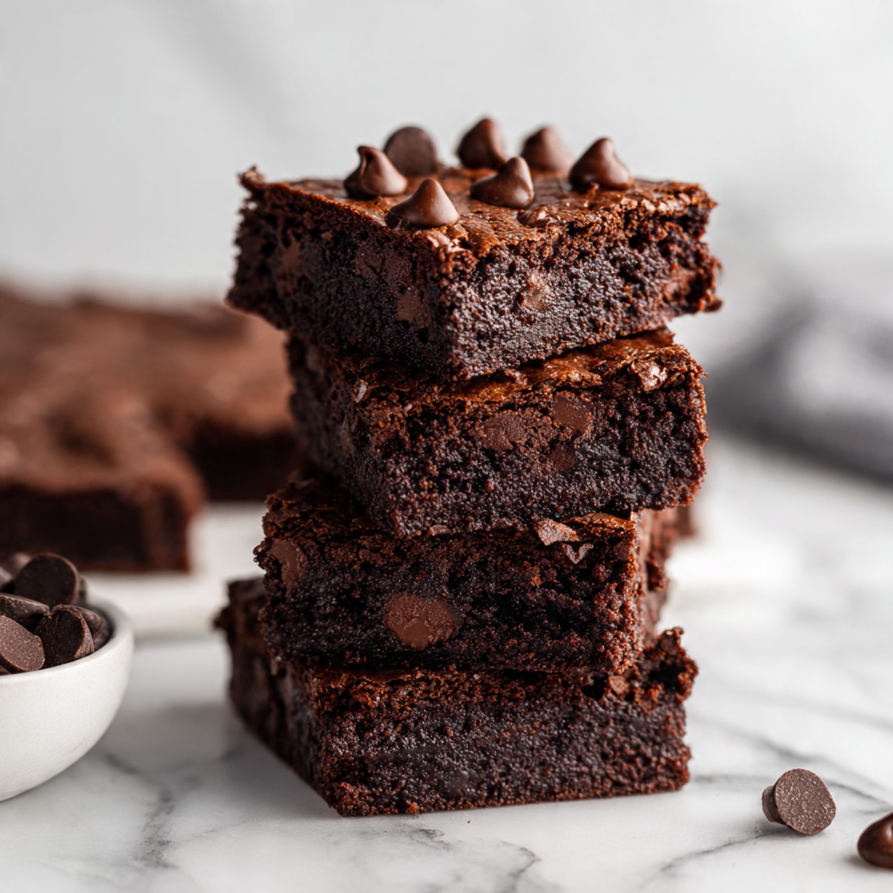 Several rectangular chocolate brownies are placed neatly on a round white marble surface. Each brownie has a smooth, rich dark brown top layer decorated with shiny, dark chocolate chips scattered on and slightly sunk into the surface. The texture of the brownies looks dense and moist with visible fudgy crumbs on the sides. The setting includes a white cloth with thin black stripes draped on the left corner of the marble surface. The background is a soft blur with a white bowl partially visible. The overall look is clean and inviting. photo taken with an iphone --ar 4:5 --v 7