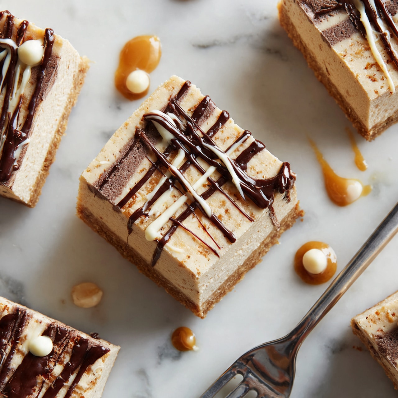 The image shows a close-up of a square dessert piece on a white marbled surface, with several other pieces scattered around it. The dessert has two visible layers: a thick, pale beige base and a smooth, light cream topping. On the top layer, there are thin, uneven drizzles of dark brown and creamy white sauces crossing each other diagonally. Small dollops of the creamy white sauce are also placed randomly on the marbled surface. Part of a metal fork is visible on the right side near the dessert pieces. photo taken with an iphone --ar 4:5 --v 7