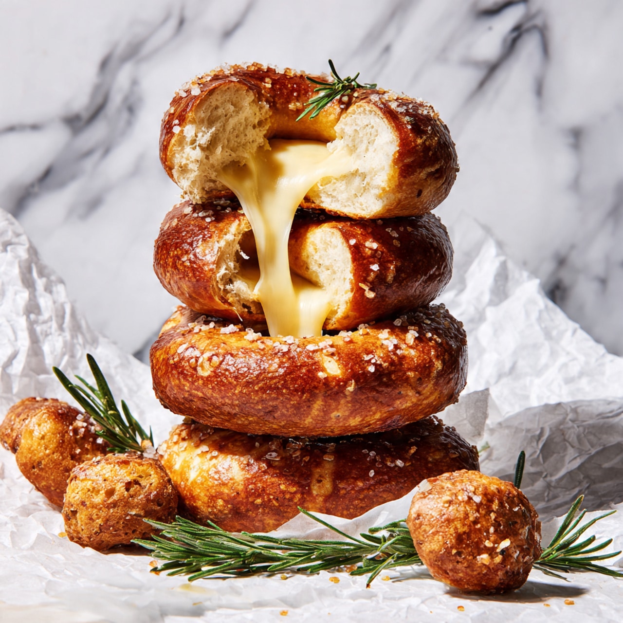 The image shows a stack of three soft pretzels with melted cheese oozing from inside the top pretzel, which is split open. The pretzels have a shiny, golden-brown crust with a dusting of coarse salt on top. Surrounding the stack are several small round pretzel bites, also golden brown with some salt on them. A small sprig of fresh green rosemary is placed on top of the pretzel stack. The pretzels and bites rest on crinkled white parchment paper with a white marbled surface behind it. The photo taken with an iphone --ar 4:5 --v 7