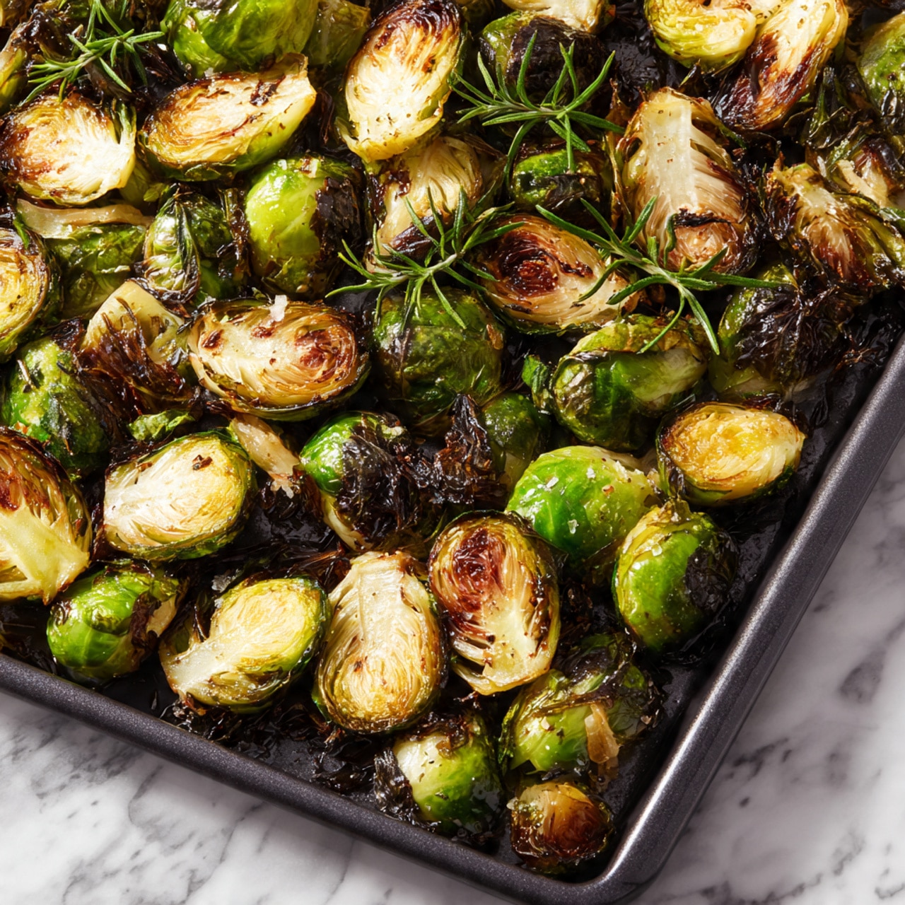 The image shows a dark baking tray full of roasted Brussels sprouts that are cut into halves and quarters. The sprouts display layers of green leaves with some parts browned and crispy from roasting, giving a mix of bright green and golden-brown colors. The texture looks crunchy on the edges with softer, tender centers. Some sprouts have a slight charred look, while others are lightly cooked, showing a contrast in texture and color throughout the tray. The tray fills the whole frame, and the background is a white marbled texture. photo taken with an iphone --ar 4:5 --v 7
