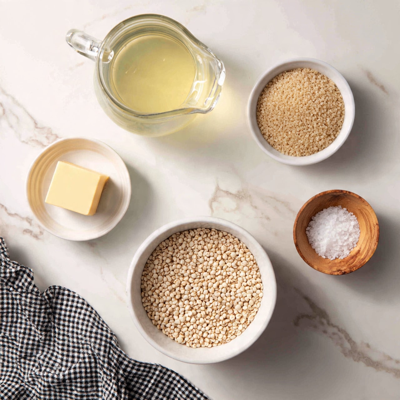 The image shows five containers with different ingredients placed on a white marbled surface. In the center, there is a large white bowl filled with small, pale beige grains. Above this bowl, slightly to the left, is a clear glass pitcher with light yellow liquid inside. To the right of the pitcher, a small white bowl holds light brown granules. Below that, another small white bowl contains a square chunk of pale yellow solid. At the bottom right, a small wooden bowl is filled with white granulated salt. On the bottom left side of the image, a black and white checkered cloth is partially visible. Photo taken with an iphone --ar 4:5 --v 7