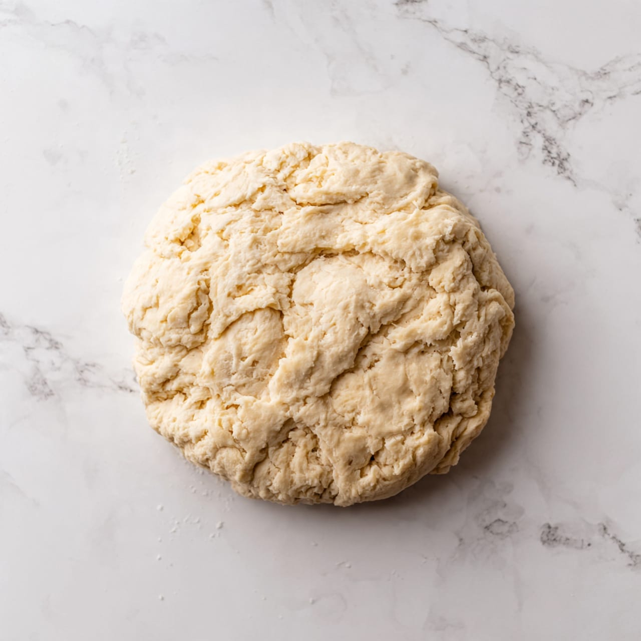 The image shows a soft, light beige dough resting on a white marbled surface. The dough appears puffy and slightly uneven with small air pockets visible within its surface, giving it a spongy texture. It is rounded with some folds and creases, showing it has been kneaded or shaped by a woman's hand. The white marbled background is subtle and clean, focusing all attention on the dough. photo taken with an iphone --ar 4:5 --v 7