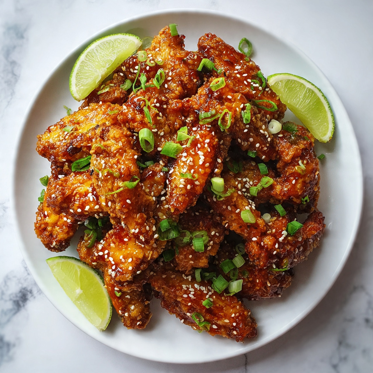 A large white oval plate filled with about three layers of golden brown chicken wings covered with a sticky sauce and sprinkled with white sesame seeds and chopped green onions. Small lime wedges are scattered on top and around the wings. Around the plate, there are three small white bowls; one with sliced green onions, one with sesame seeds, and one with cream and lime wedges. The whole scene is set on a white marbled surface with a few green onion slices and sesame seeds scattered lightly. photo taken with an iphone --ar 4:5 --v 7