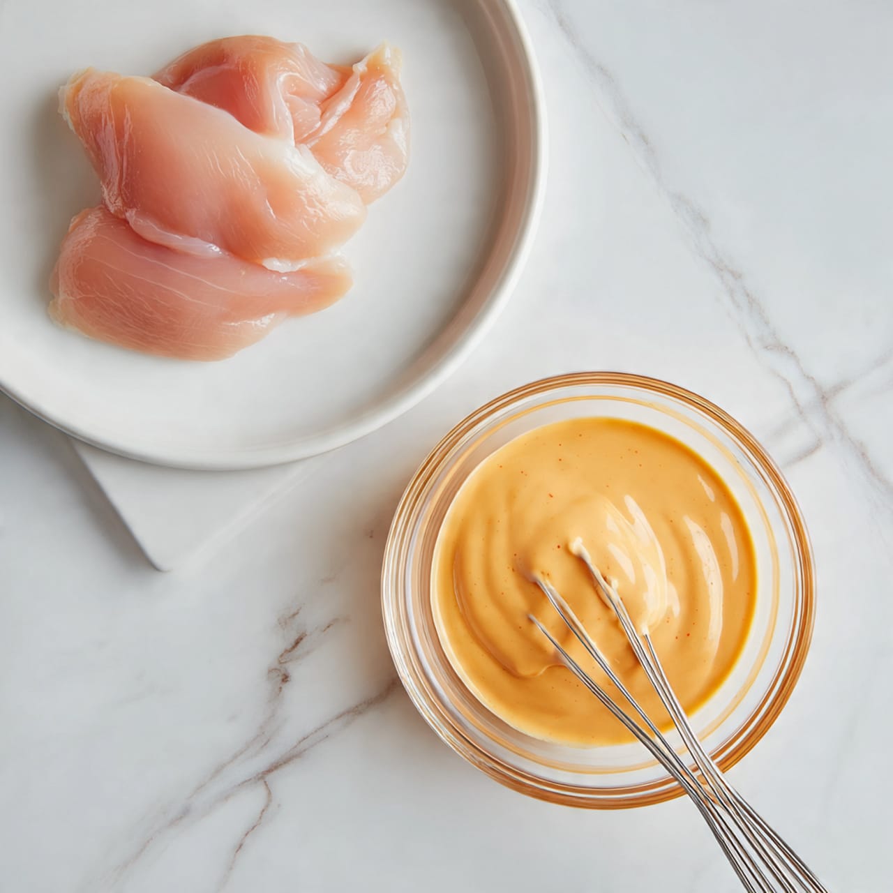 A clear glass bowl filled with a thick, smooth orange sauce sits on a white marbled surface, with a whisk resting inside it. Above and slightly to the right, a white plate holds two pieces of raw chicken with a pale pink color and moist texture. The scene is well-lit and clean, highlighting the contrast between the creamy sauce and the fresh chicken photo taken with an iphone --ar 4:5 --v 7